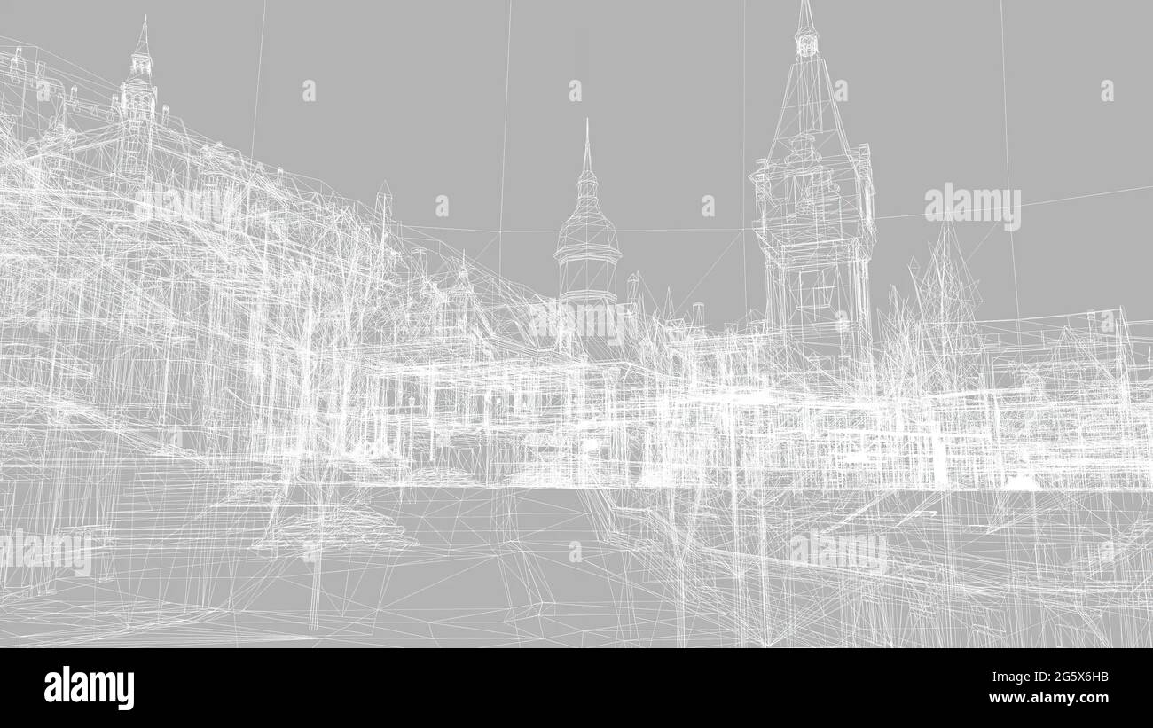 Old Wireframe Renders 3d illustration - Wire Frame Model Of old City - 3D Rendering Stock ...