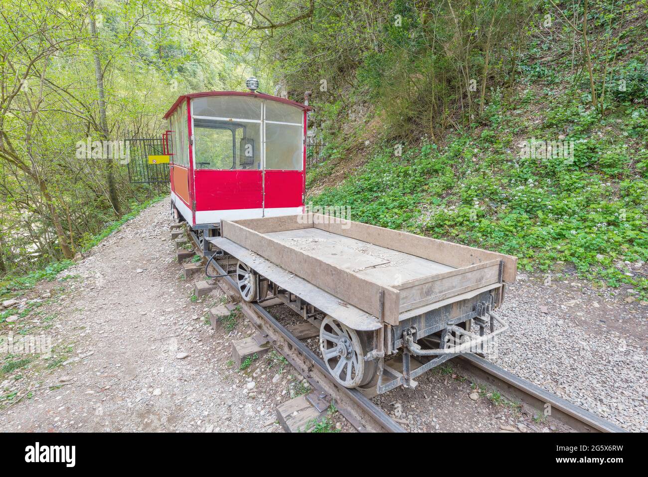 Railcar for the workers in the deep narrow Guam canyon. Western Caucasus. Russia. Stock Photo