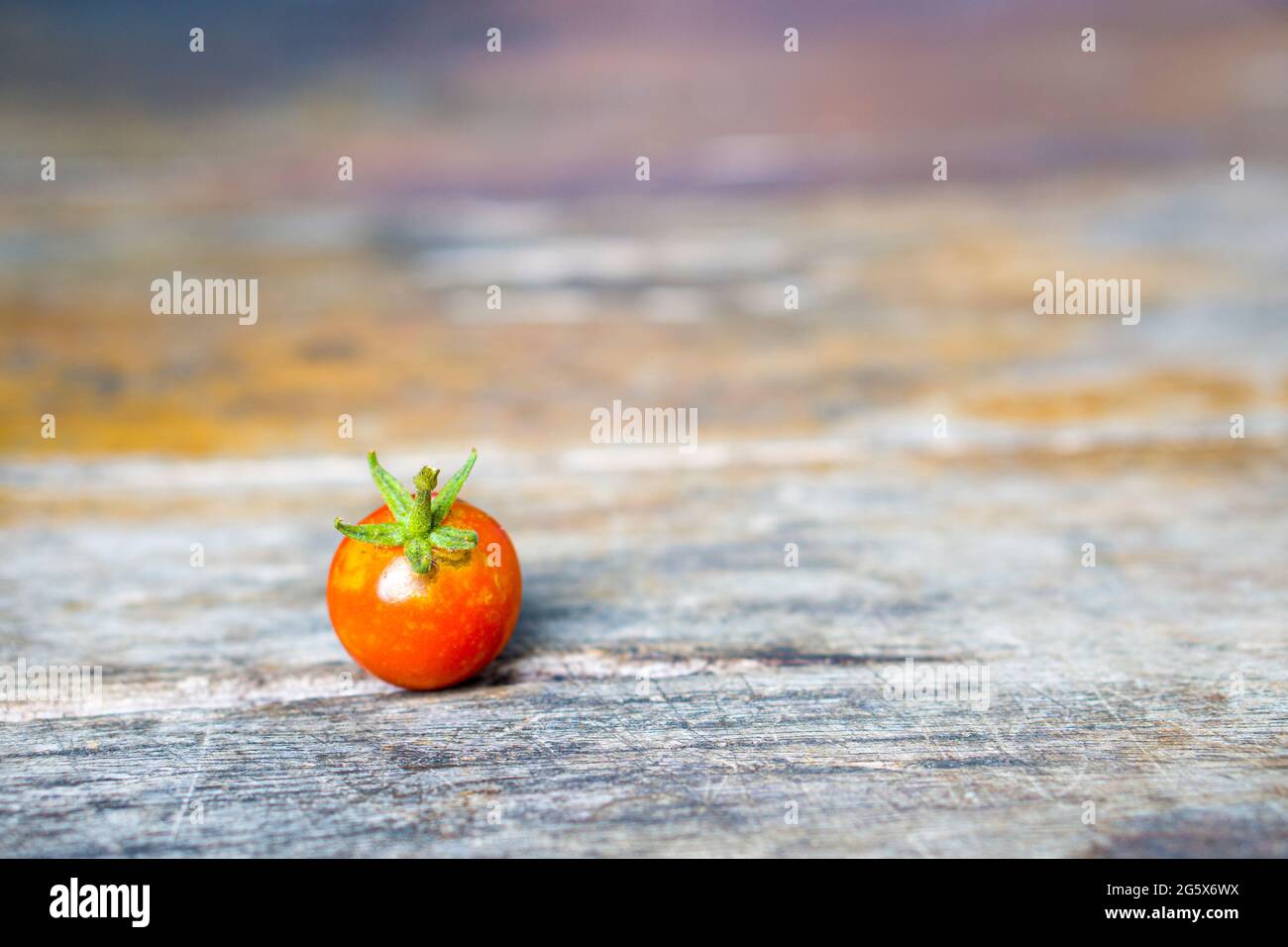 Fresh and small red tomato lying on a wooden table background. Stock Photo