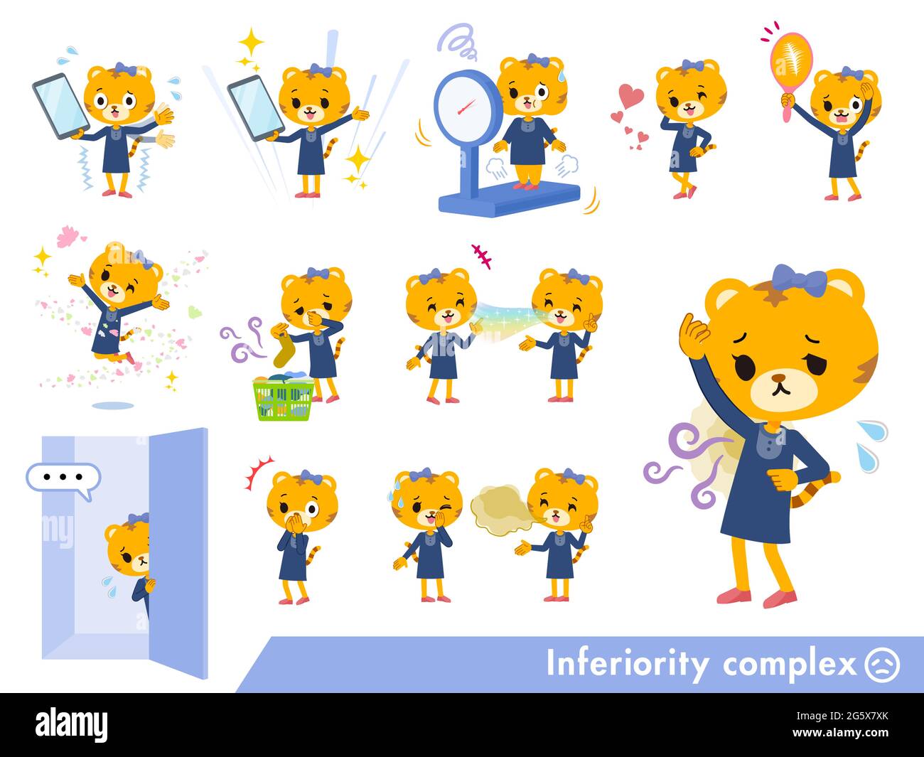 A set of Tiger girl on inferiority complex.It's vector art so it's easy to edit. Stock Vector