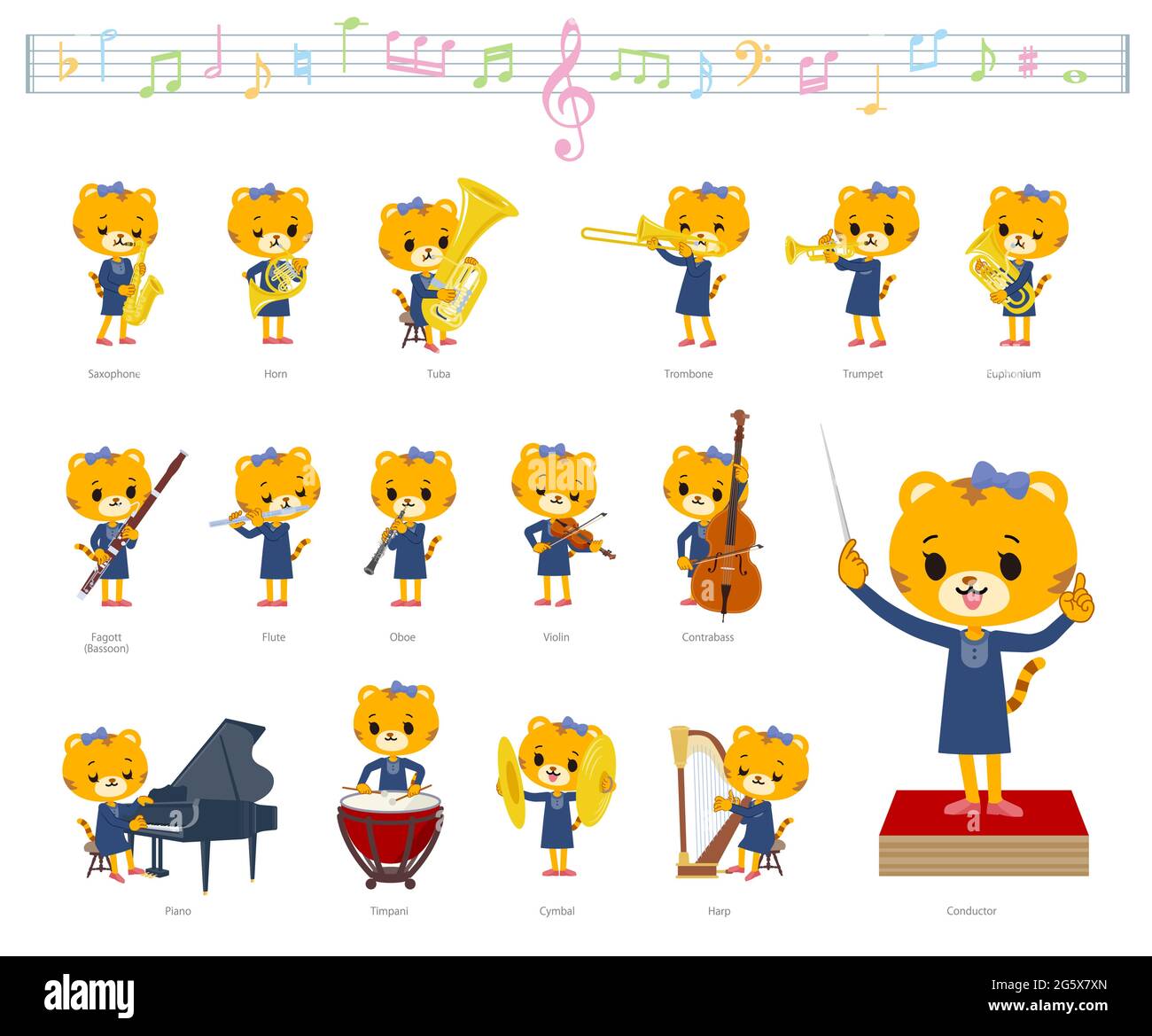A set of Tiger girl on classical music performances.It's vector art so it's easy to edit. Stock Vector