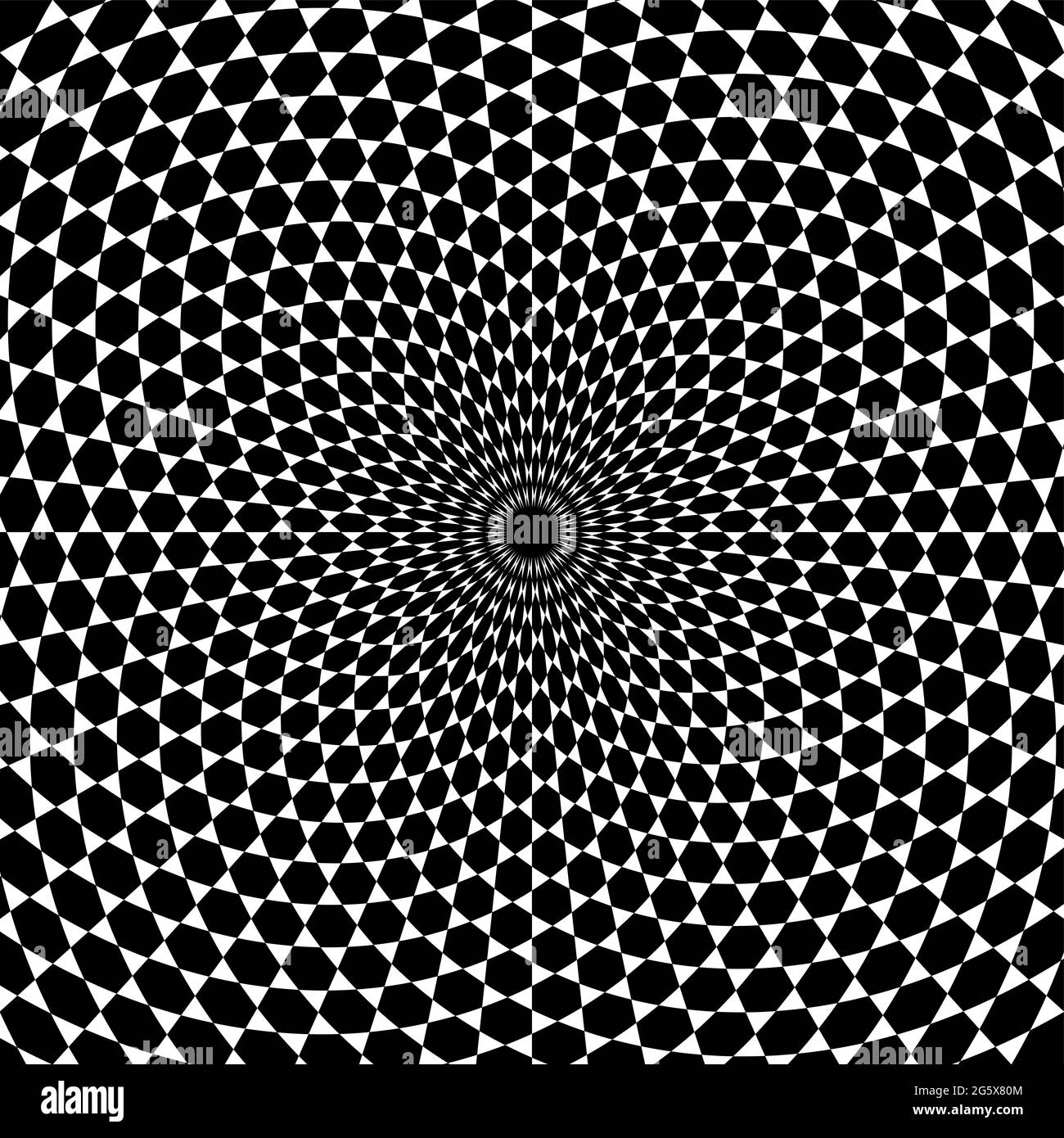 Hexagon pattern spiral background. Black hexagons surrounded by white triangles, developed in a spiral from center outwards. Trihexagonal tiling. Stock Photo