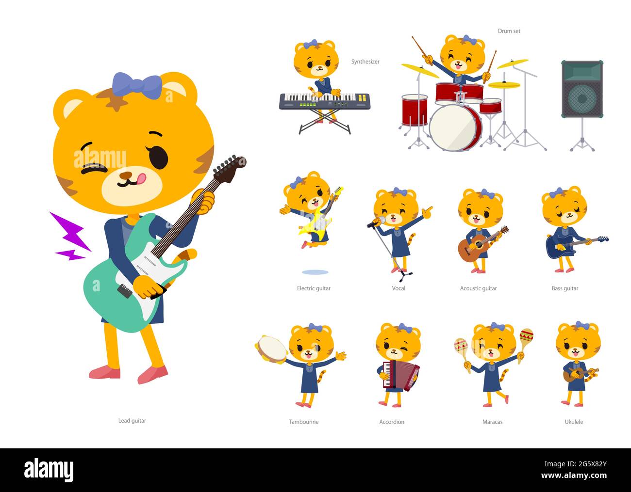 A set of Tiger girl playing rock 'n' roll and pop music.It's vector art so it's easy to edit. Stock Vector
