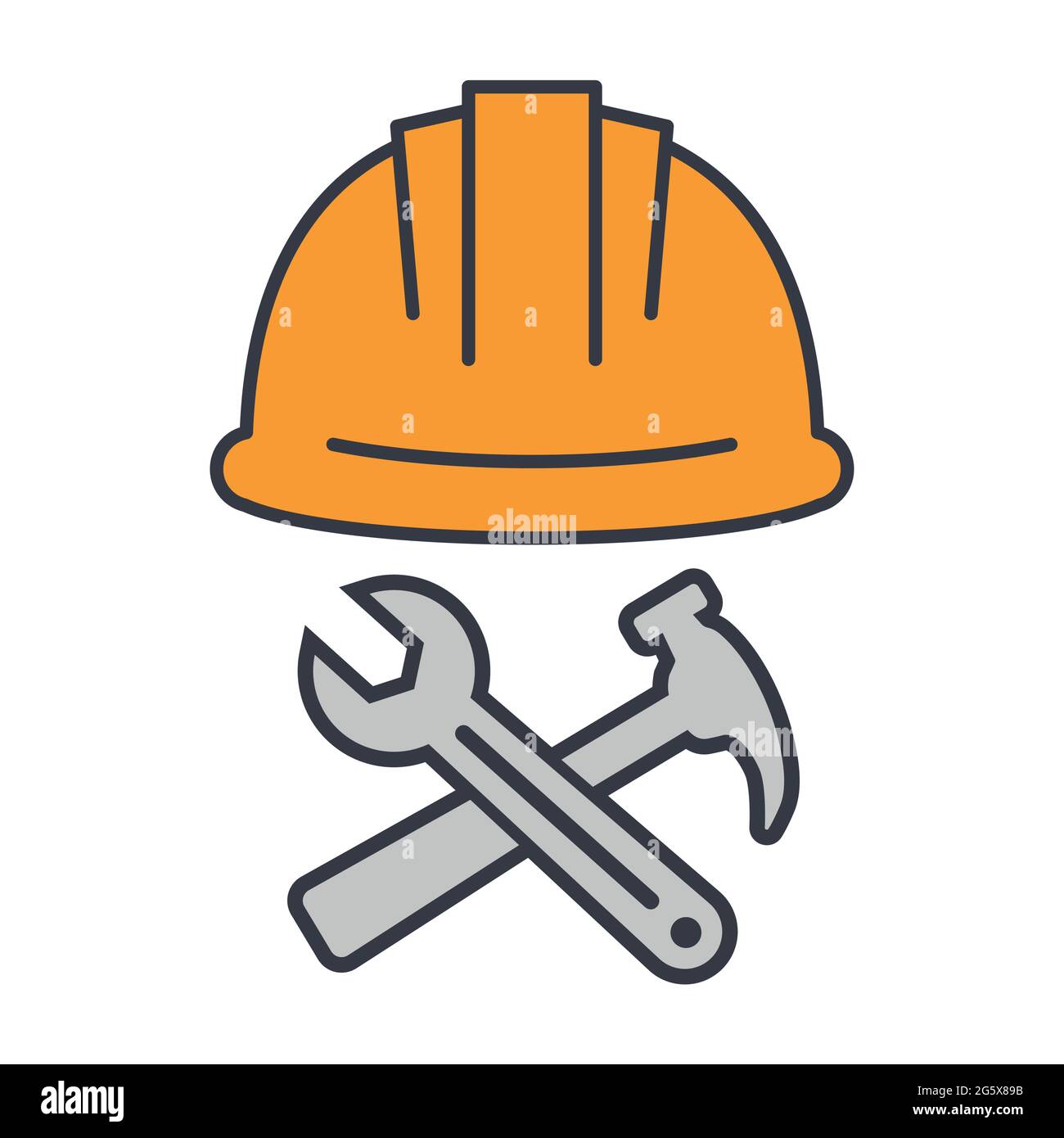 Construction site symbol with helmet and crossed wrench and hammer for repair or maintenance vector illustration icon Stock Vector