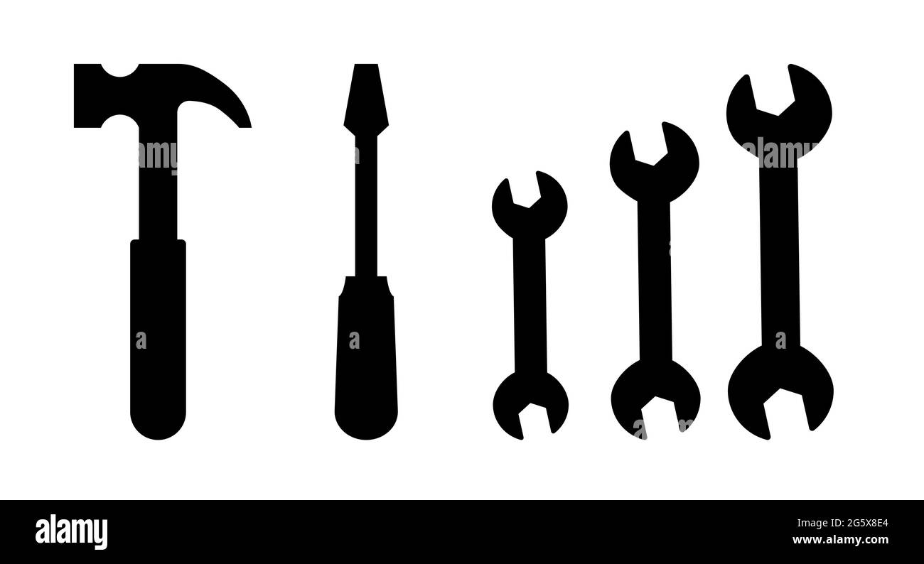 Wrench hammer screwdriver flat black toolbox tools vector illustration