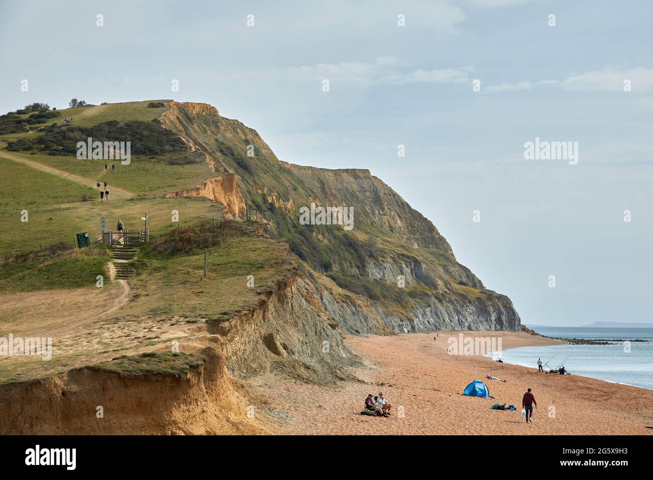 The South-West Coast Path at Seatown with a view of the beach, the shoreline and cliffs on the Jurassic Coast in Dorset, southwest England Stock Photo