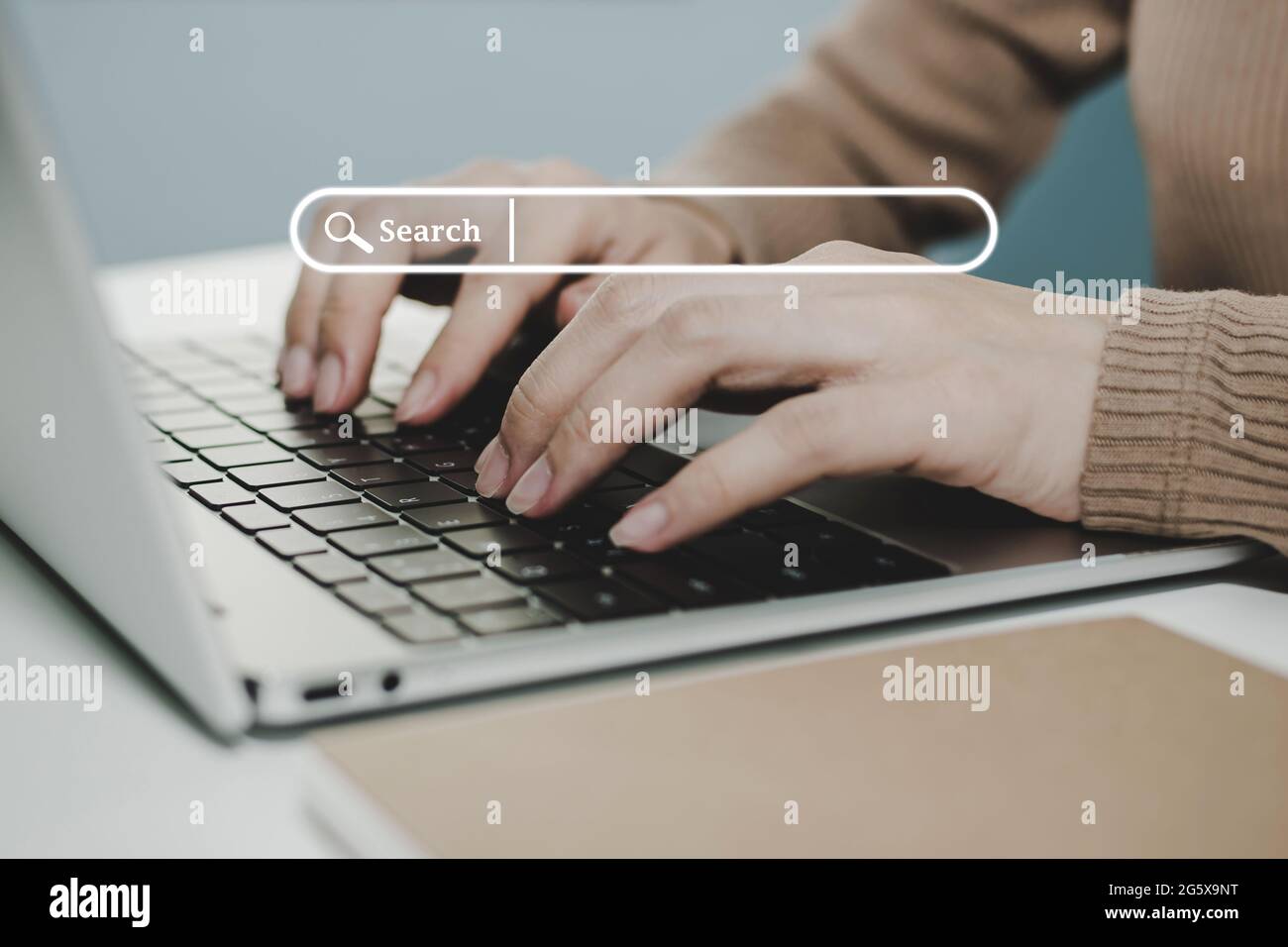 Website. business woman working on laptop computer on desk with visual ...