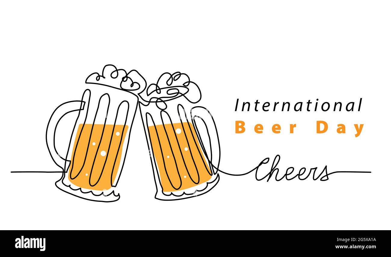 International Beer Day art vector background, banner, poster with lettering cheers. Beer mugs one line art illustration Stock Vector