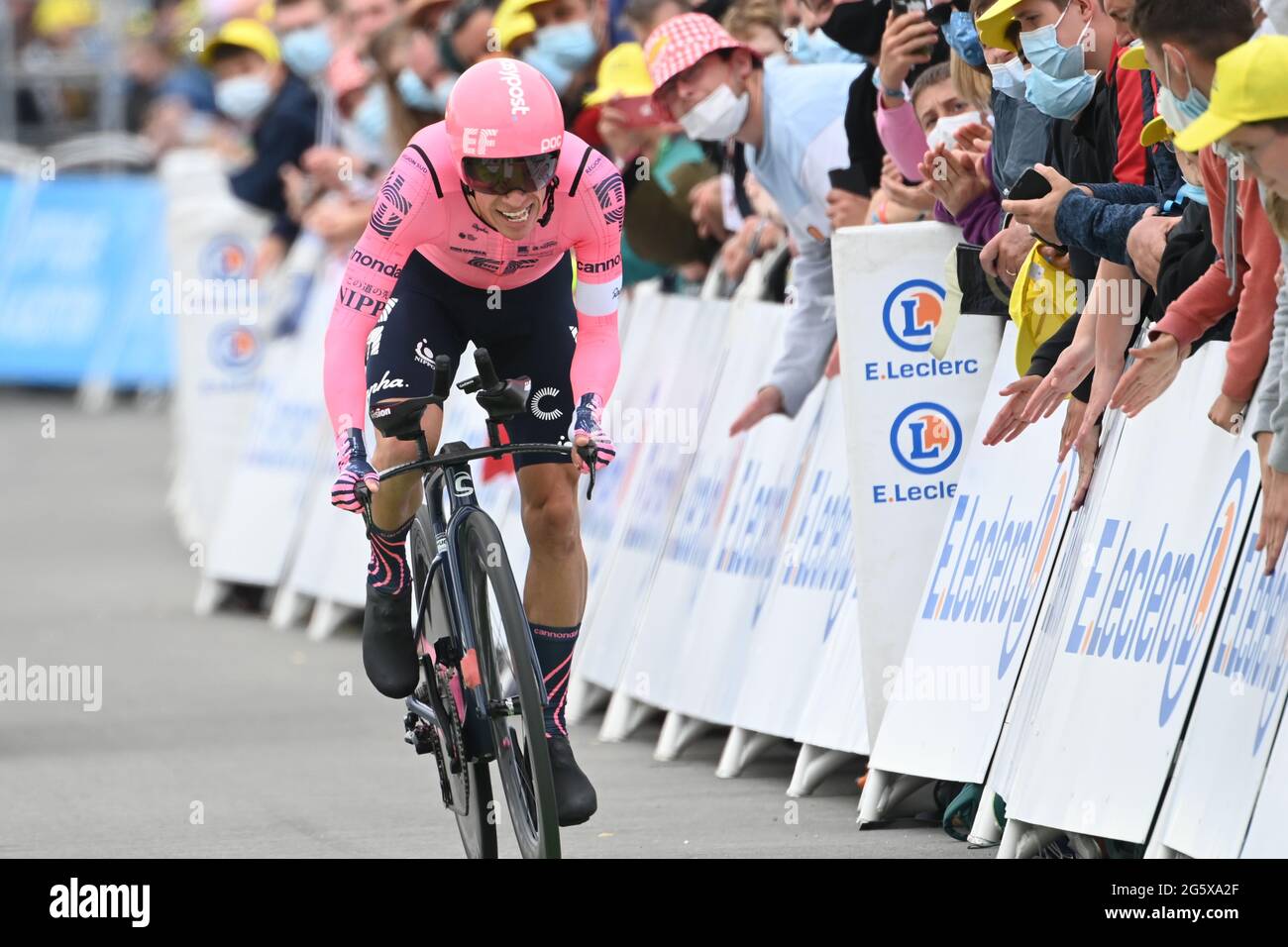 Laval, France. 30th June, 2021: Laval, France. 30th June, 2021. Tour de France 2021, Stage 5, Individual Time Trial from Change to Laval. Rigoberto Uran for EF Education in the final metres of the race. Credit: Peter Goding/Alamy Live News Stock Photo
