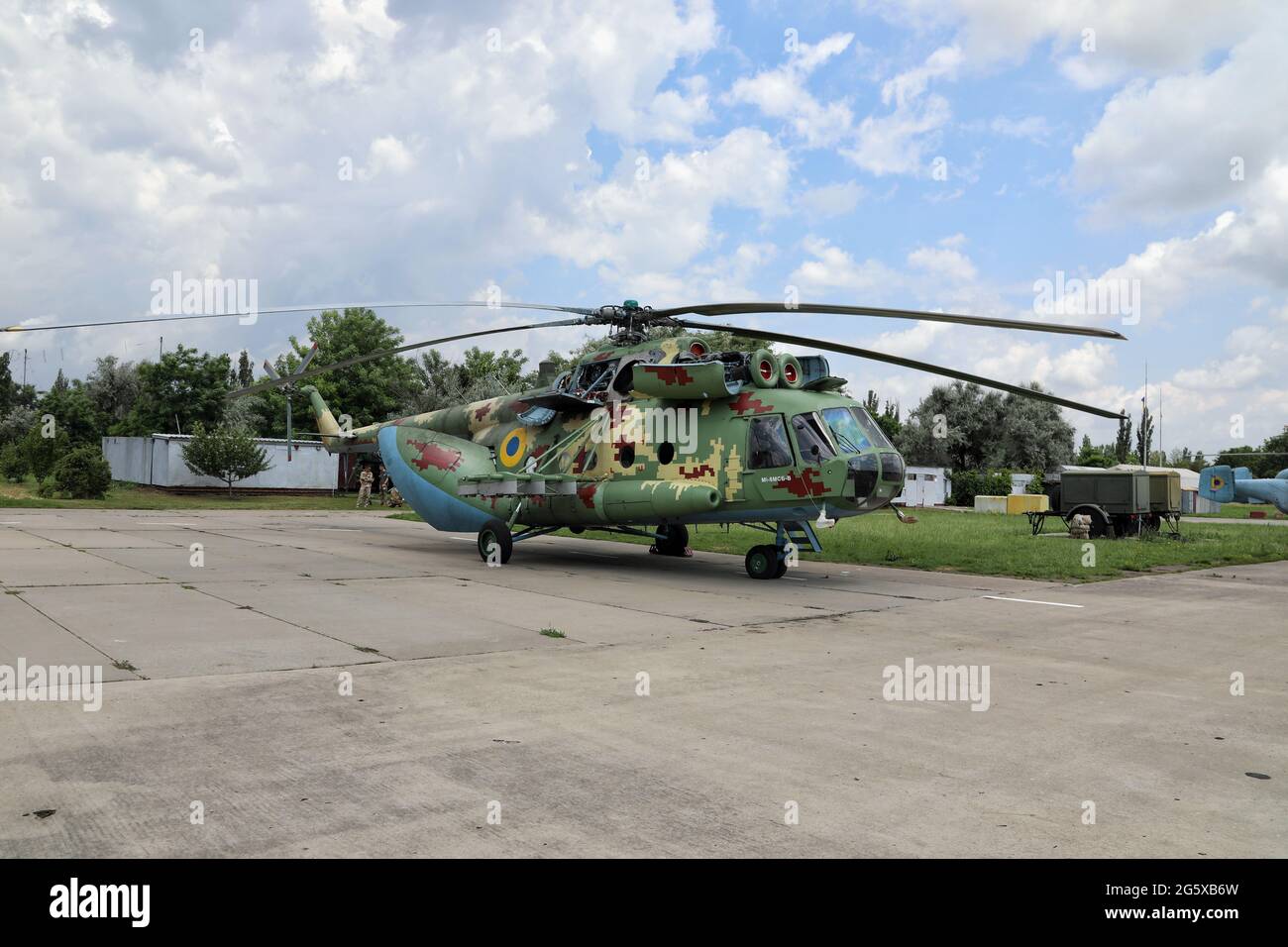 MYKOLAIV, UKRAINE - JUNE 30, 2021 - A helicopter is pictured at the Kulbakyne aerodrome during the Exercise Sea Breeze 2021, Mykolaiv, southern Ukraine. Stock Photo