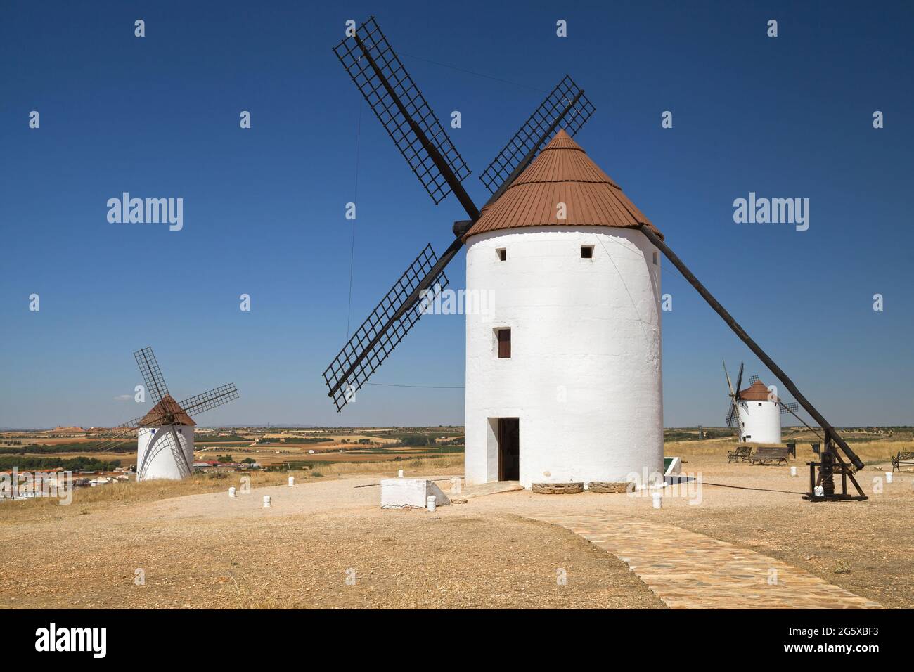 Windmills of Mota del Cuervo, Cuenca, Spain. Stock Photo