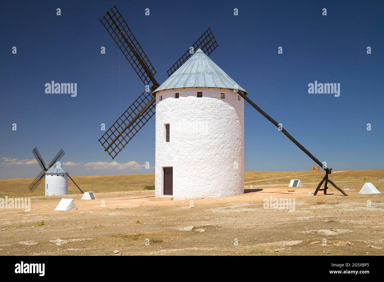 Manchego Windmills at Campo de Criptana, Ciudad Real, Spain. Stock Photo