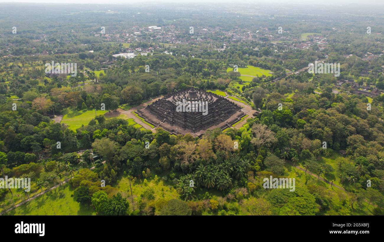 Aerial view of the Magnificent Borobudur temple. The world's largest Buddhist monument, in Central Java. Central Java, Indonesia, July 1, 2021 Stock Photo