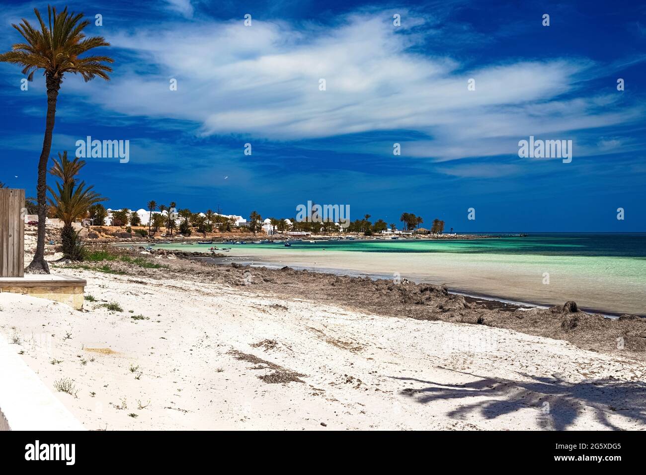 A beautiful view of the Mediterranean coast with birch water, a beach with white sand and a green palm tree. Stock Photo