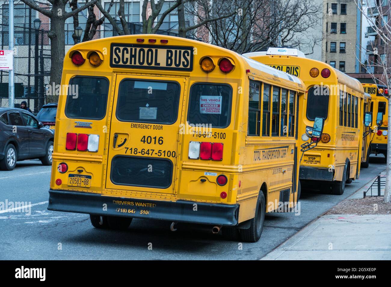 New York, USA, January 28, 2020: A school bus is a local transportation vehicle suitable for transporting children in the United States and Canada, sp Stock Photo