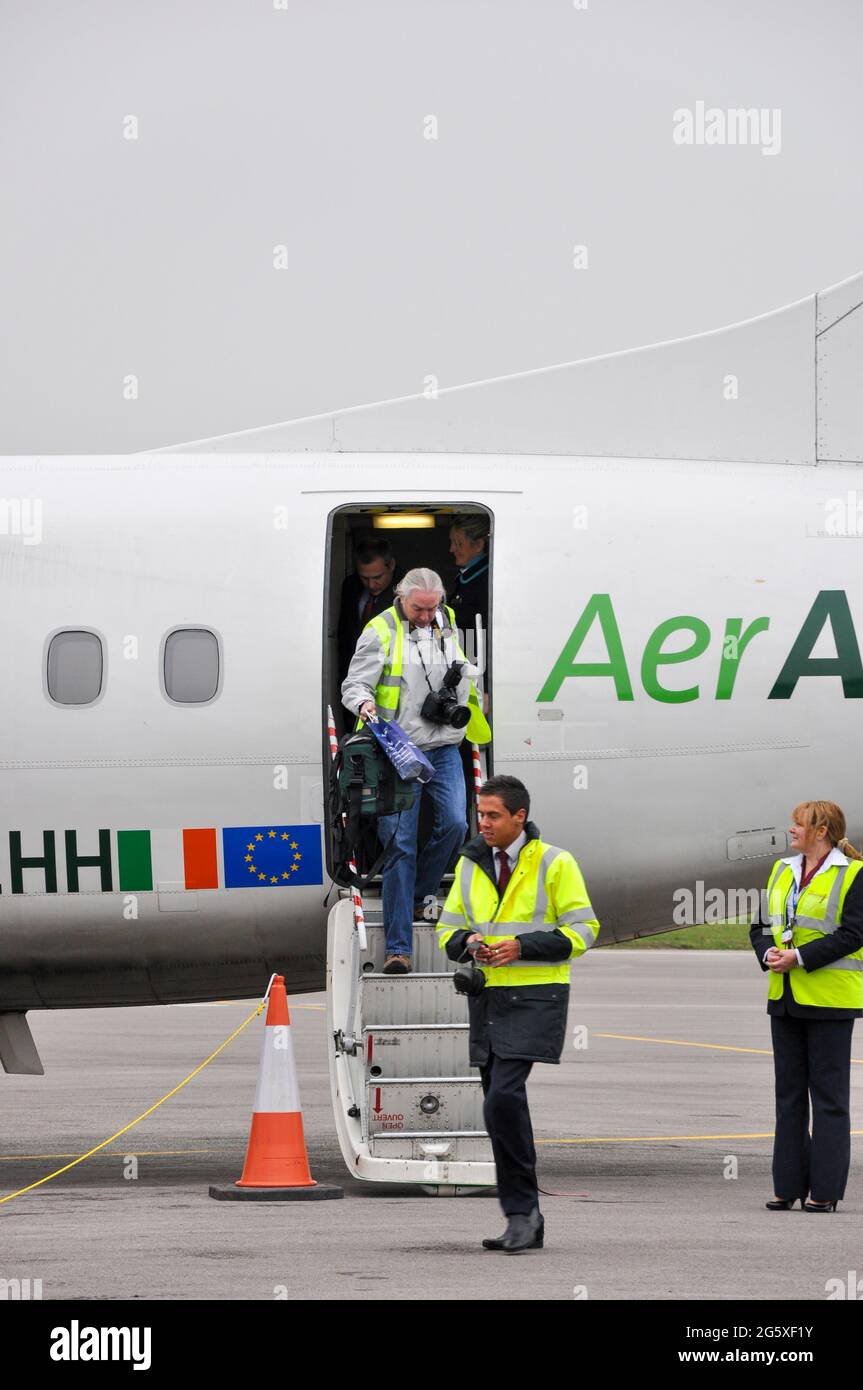 Inaugural Aer Arann airline service from Waterford, Ireland to London Southend Airport. ATR 42 plane operated by Stobart Air on behalf of Aer Lingus. Stock Photo