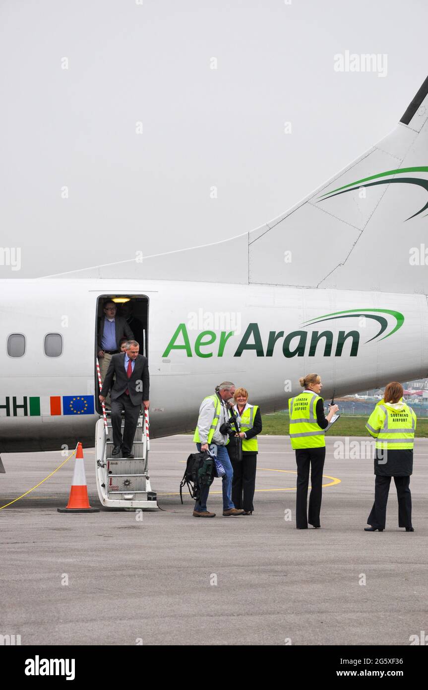 Inaugural Aer Arann airline service from Waterford, Ireland to London Southend Airport. ATR 42 plane operated by Stobart Air on behalf of Aer Lingus. Stock Photo