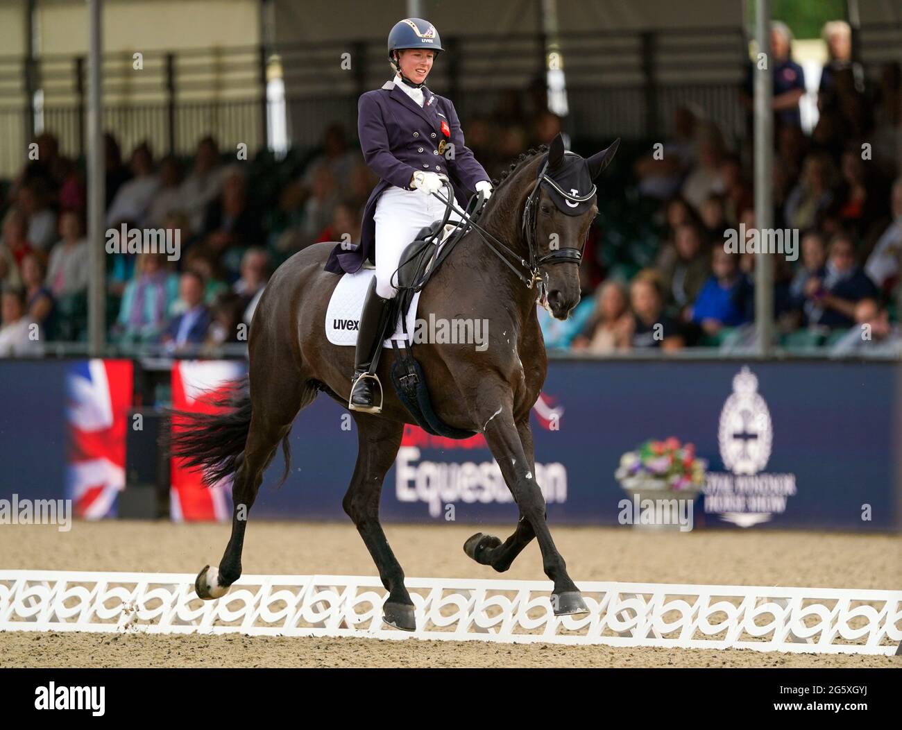 Laura Tomlinson riding DSP Rose of Bavaria in a warm up event for Great Britain's Olympic team at the Royal Windsor Horse Show, Windsor. Picture date: Wednesday June 30, 2021. Stock Photo