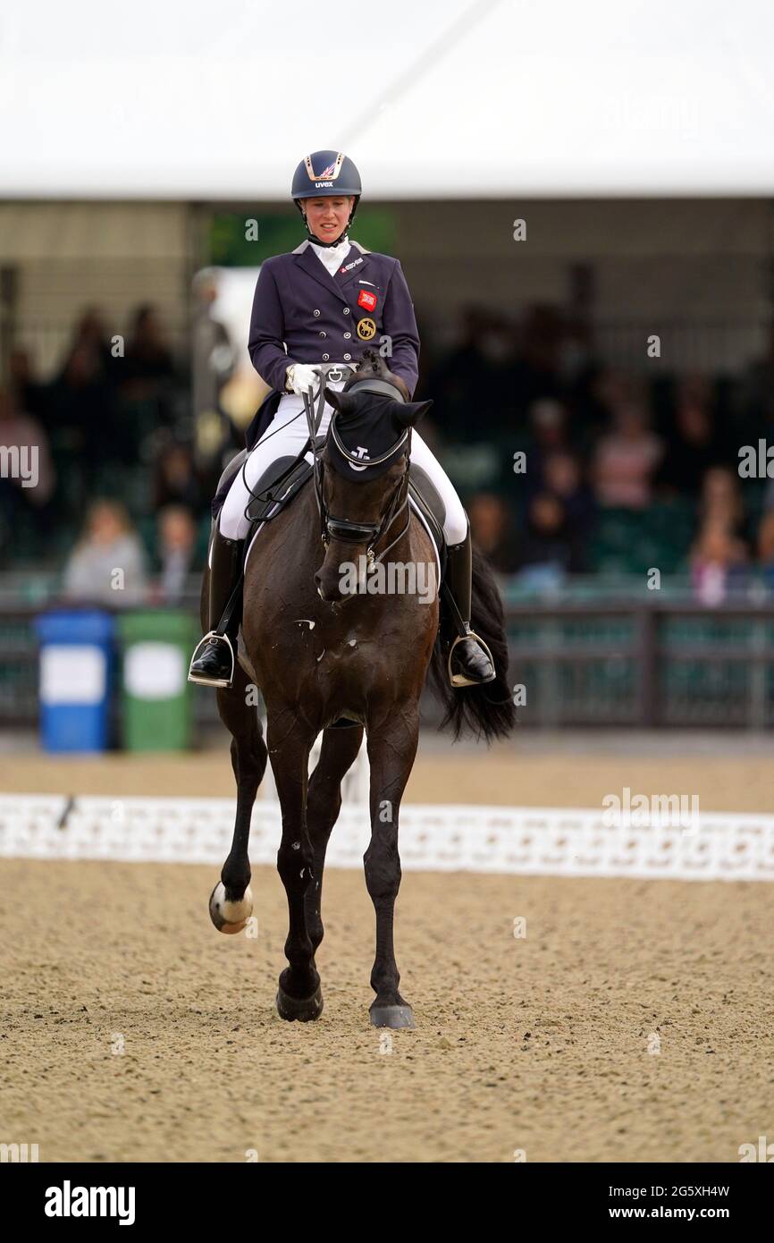 Laura Tomlinson riding DSP Rose of Bavaria in a warm up event for Great Britain's Olympic team at the Royal Windsor Horse Show, Windsor. Picture date: Wednesday June 30, 2021. Stock Photo