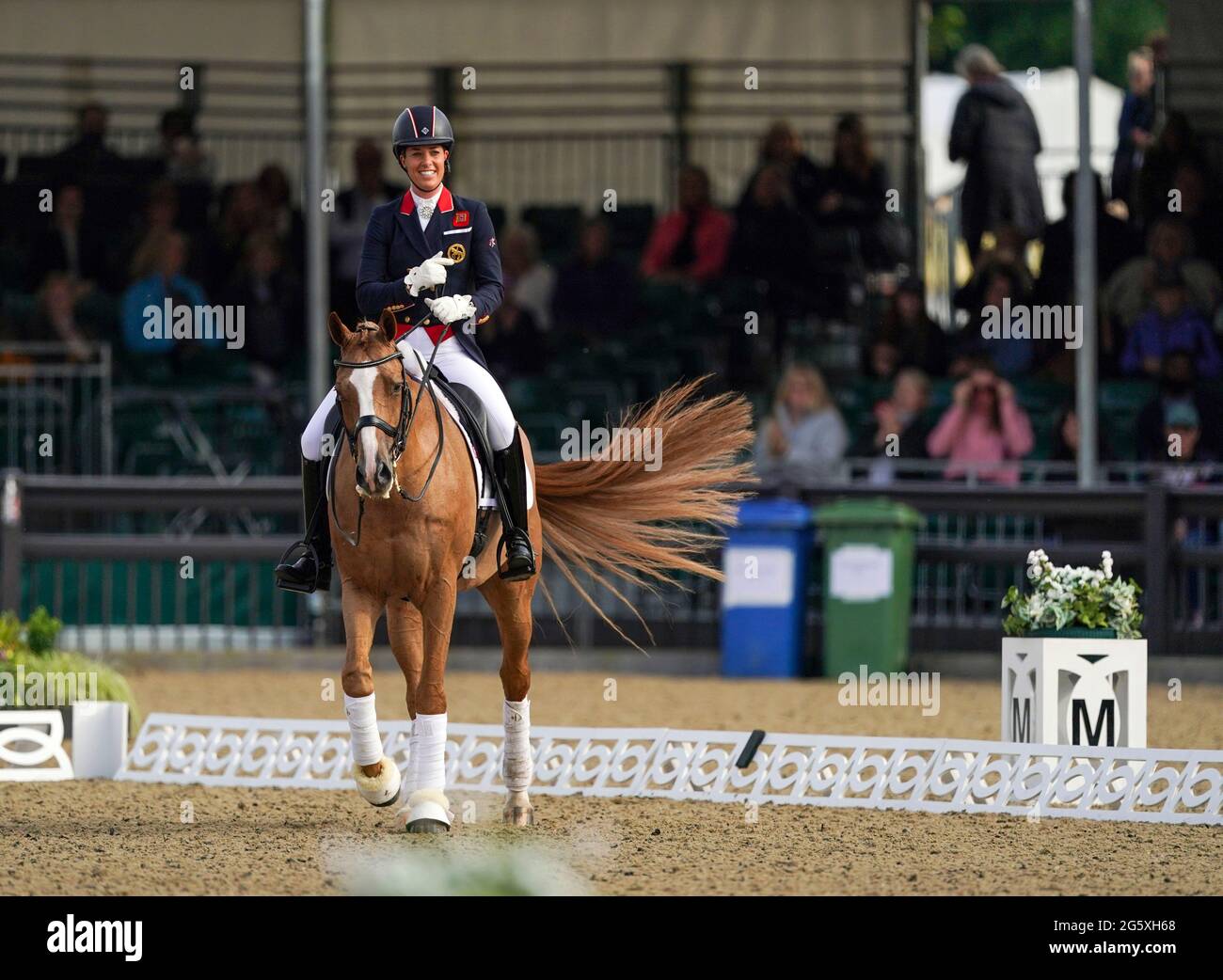 Charlotte Dujardin riding Gio in a warm up event for Great Britain's  Olympic team at the Royal Windsor Horse Show, Windsor. Picture date:  Wednesday June 30, 2021 Stock Photo - Alamy