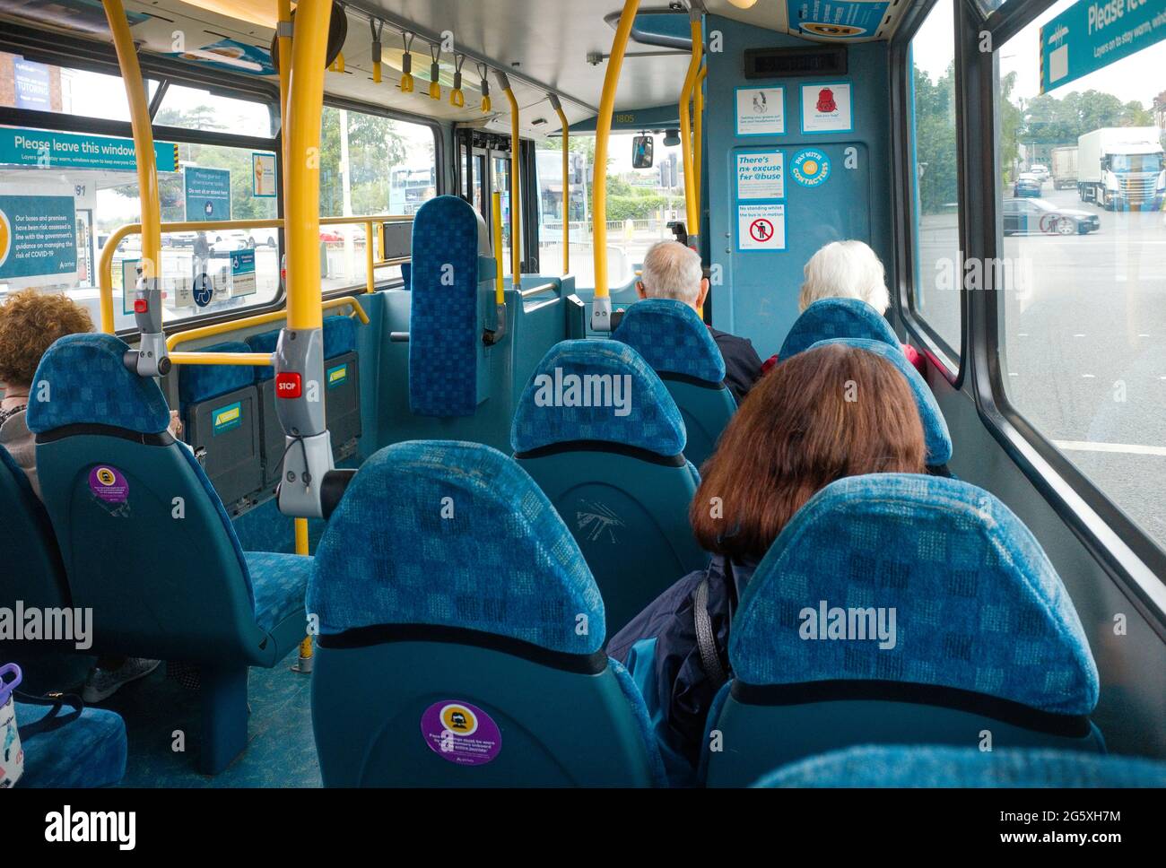 On an Arriva bus looking towards the front from downstairs Stock Photo