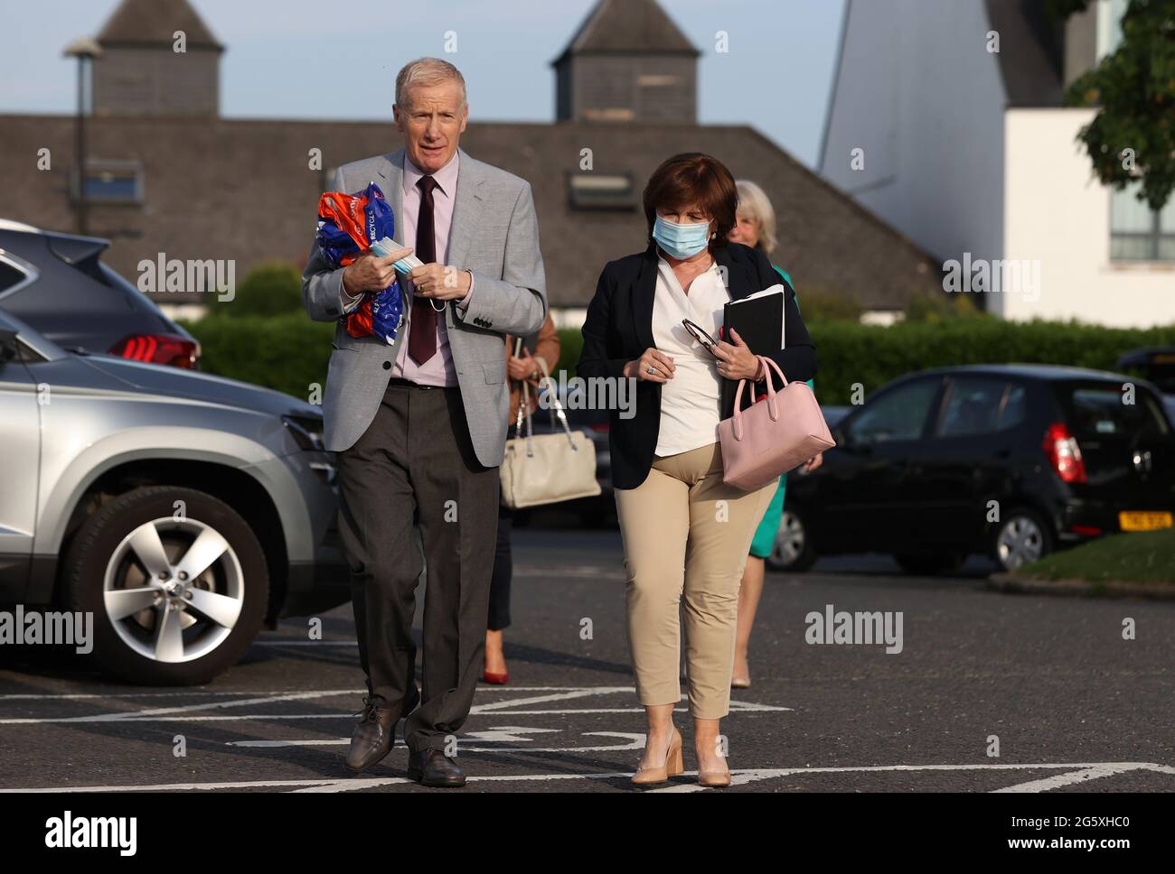 Gregory Campbell and Diane Dodds arriving at the La Mon hotel, Belfast, as the ruling executive of the Democratic Unionist Party (DUP) are gathering to ratify Sir Jeffrey Donaldson as the new party leader. Picture date: Wednesday June 30, 2021. Stock Photo