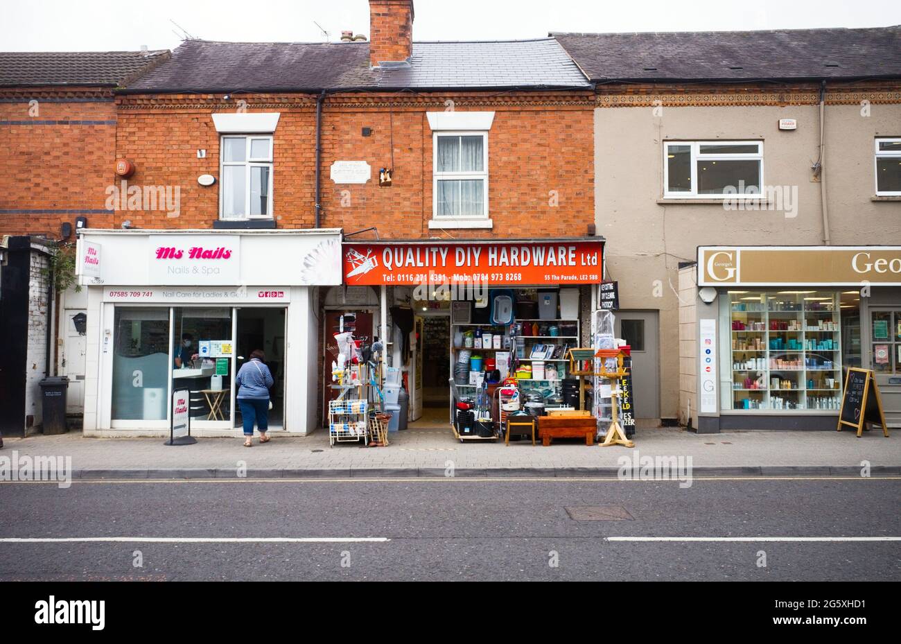 DIY and hardware ironmongers shop with goods for sale out on the pavement in Oadby, Leicestershire Stock Photo