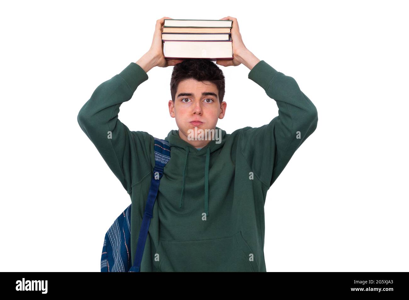 student with books and backpack isolated on white with stressed or ...