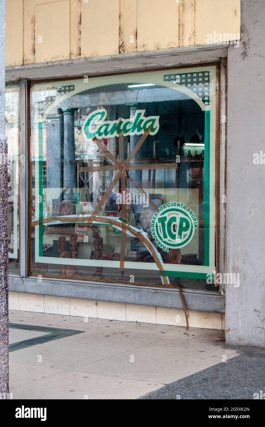 Glass window Cancha retail store, Cuba, 2021 Stock Photo