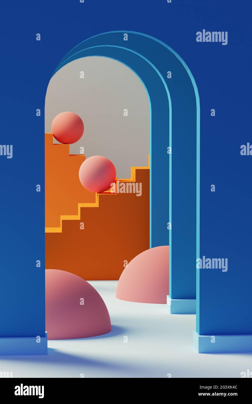 Blue arches, spheres and staircases. 3D Illustration Stock Photo