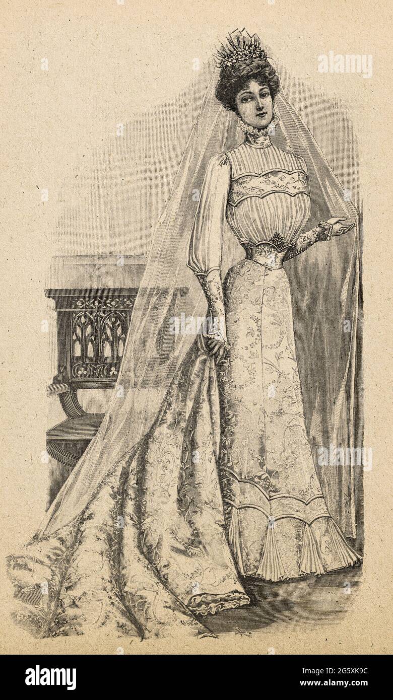 Bride in vintage wedding clothing. Retro fashion engraving from 1901, France, Paris Stock Photo