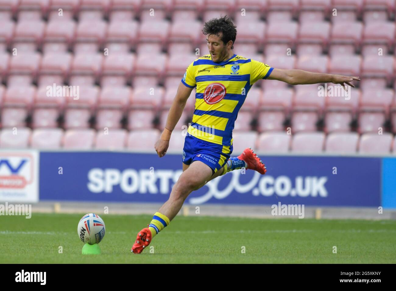 Stefan Ratchford (1) of Warrington Wolves successfully kicks a ...