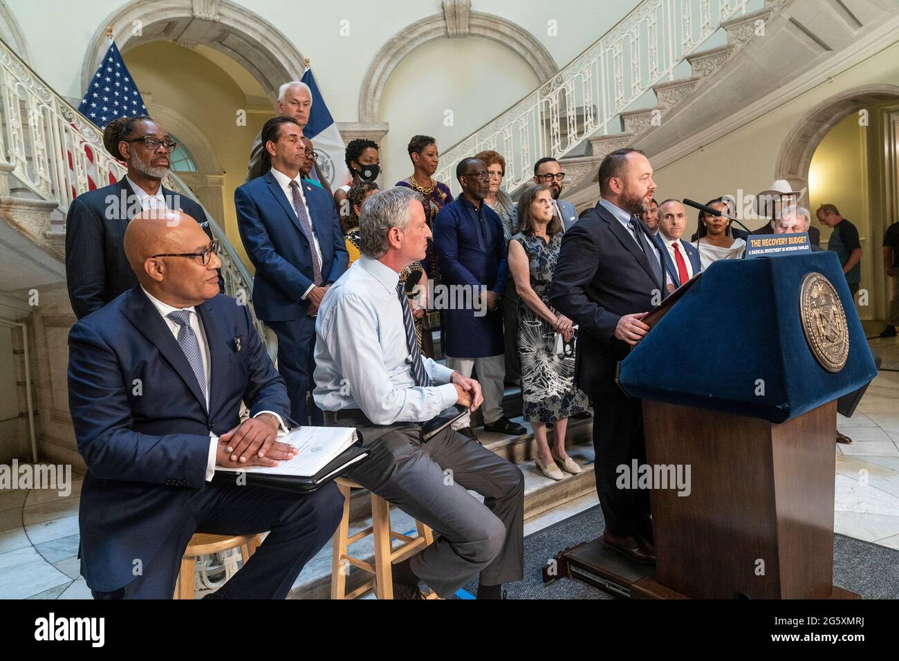 New York City Fiscal Year 2022 Budget New York United States 30th June 2021 City Council Speaker Corey Johnson Speaks At Joint Press Conference With Mayor Bill De Blasio On Agreement On Budget For Fiscal Year Of 2022 At