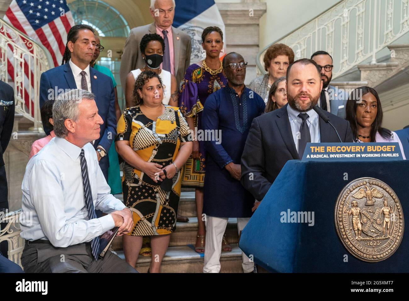 New York City Fiscal Year 2022 Budget New York United States 30th June 2021 City Council Speaker Corey Johnson Speaks At Joint Press Conference With Mayor Bill De Blasio On Agreement On Budget For Fiscal Year Of 2022 At