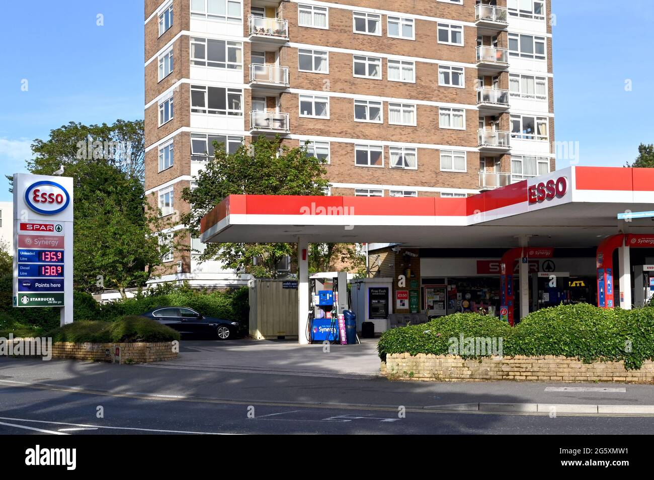 Bournemouth, England - June 2021: Exterior view of a petrol filling station supplied by the Esso oil company Stock Photo