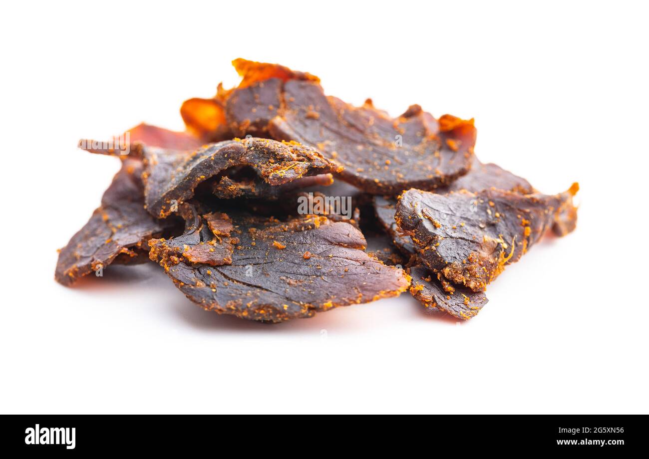Sliced beef jerky. Dried beef meat isolated on white background Stock ...