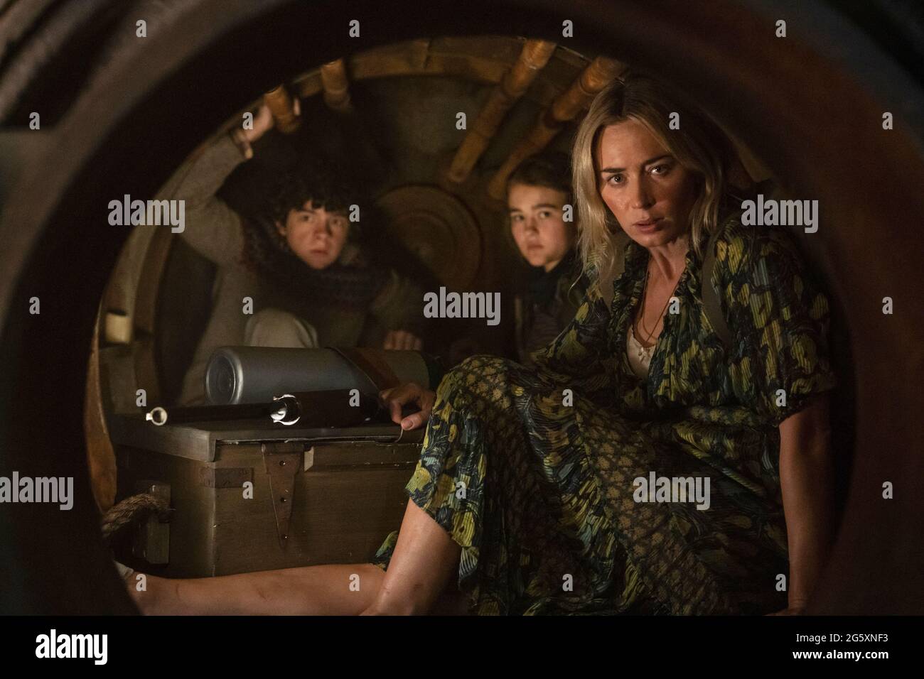 A Quiet Place: Part II (2020) directed by John Krasinski and starring Emily Blunt as Evelyn and Noah Jupe as Marcus in a sequel following the Abbott family's journey and the discovery of new dangers. Stock Photo