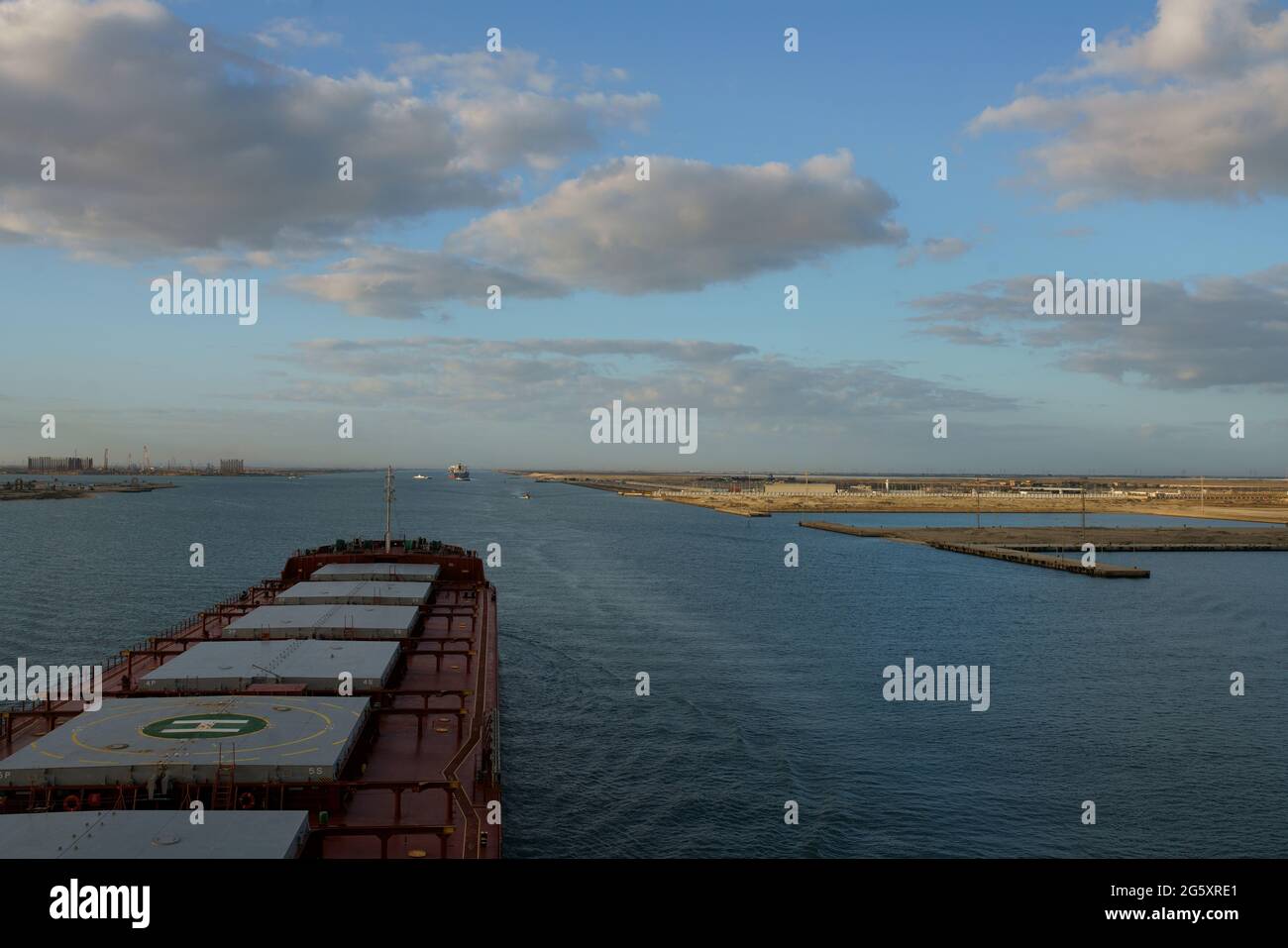 southbound vessel (bulk carrier) proceeding at Suez channel Stock Photo