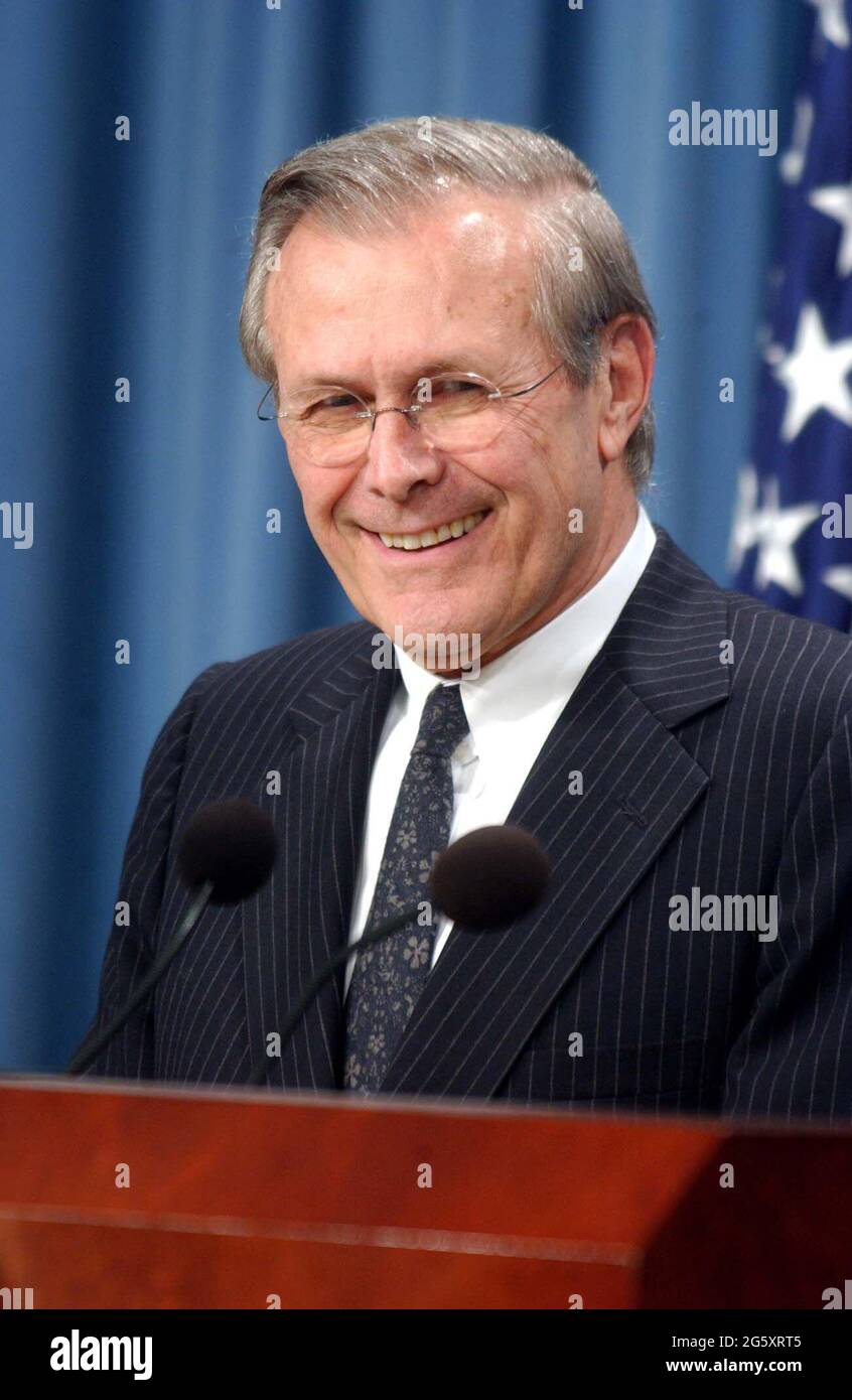 United States Secretary of Defense Donald Rumsfeld conducts a press ...