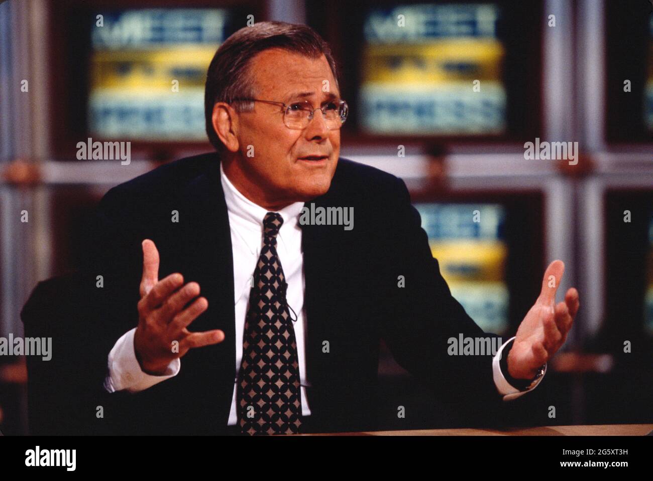 US Secretary of Defense Donald Rumsfeld appears on NBC Show 'Meet the Press' in Washington, DC. Stock Photo