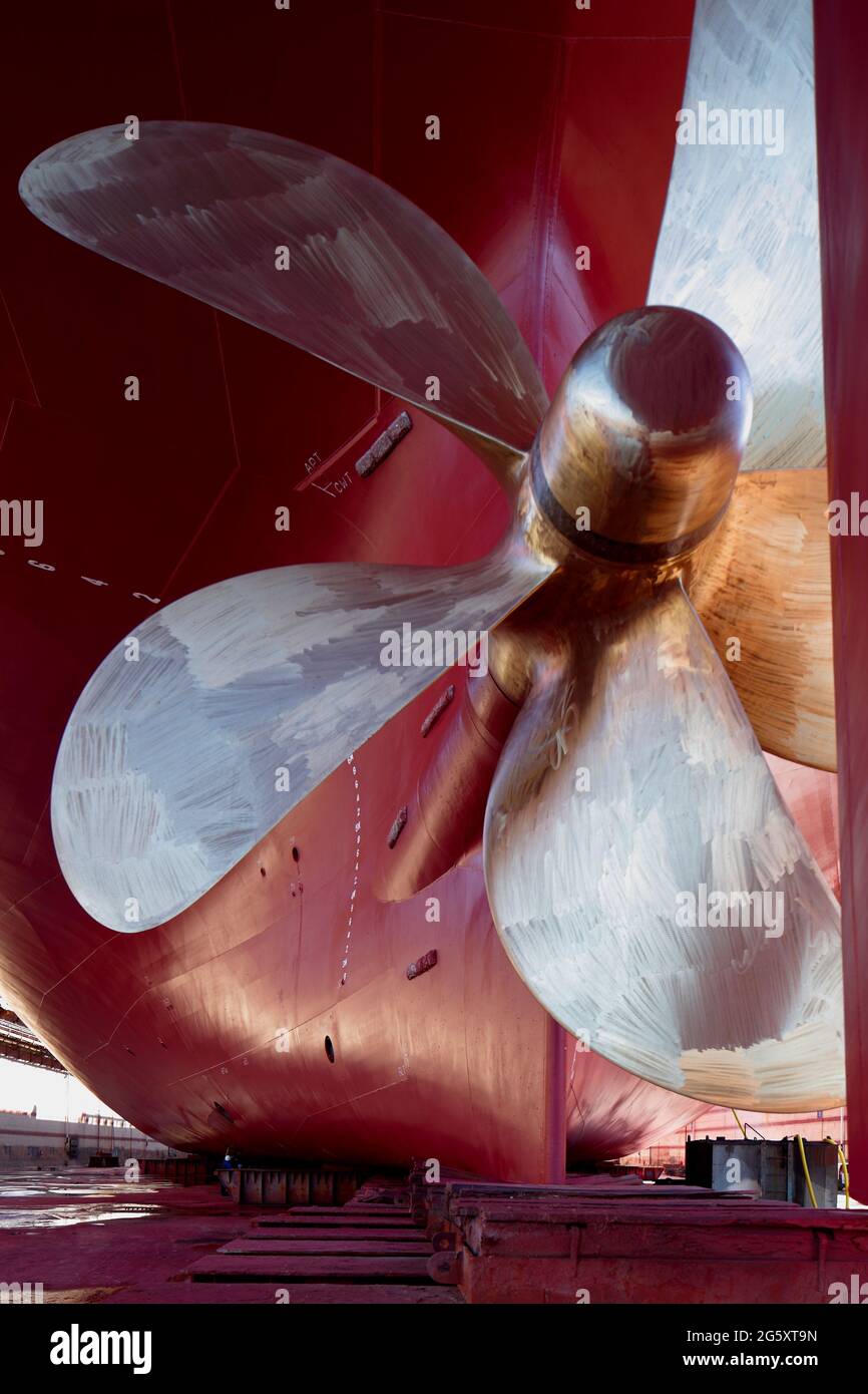 the propeller of a cargo ship during dry-docking Stock Photo
