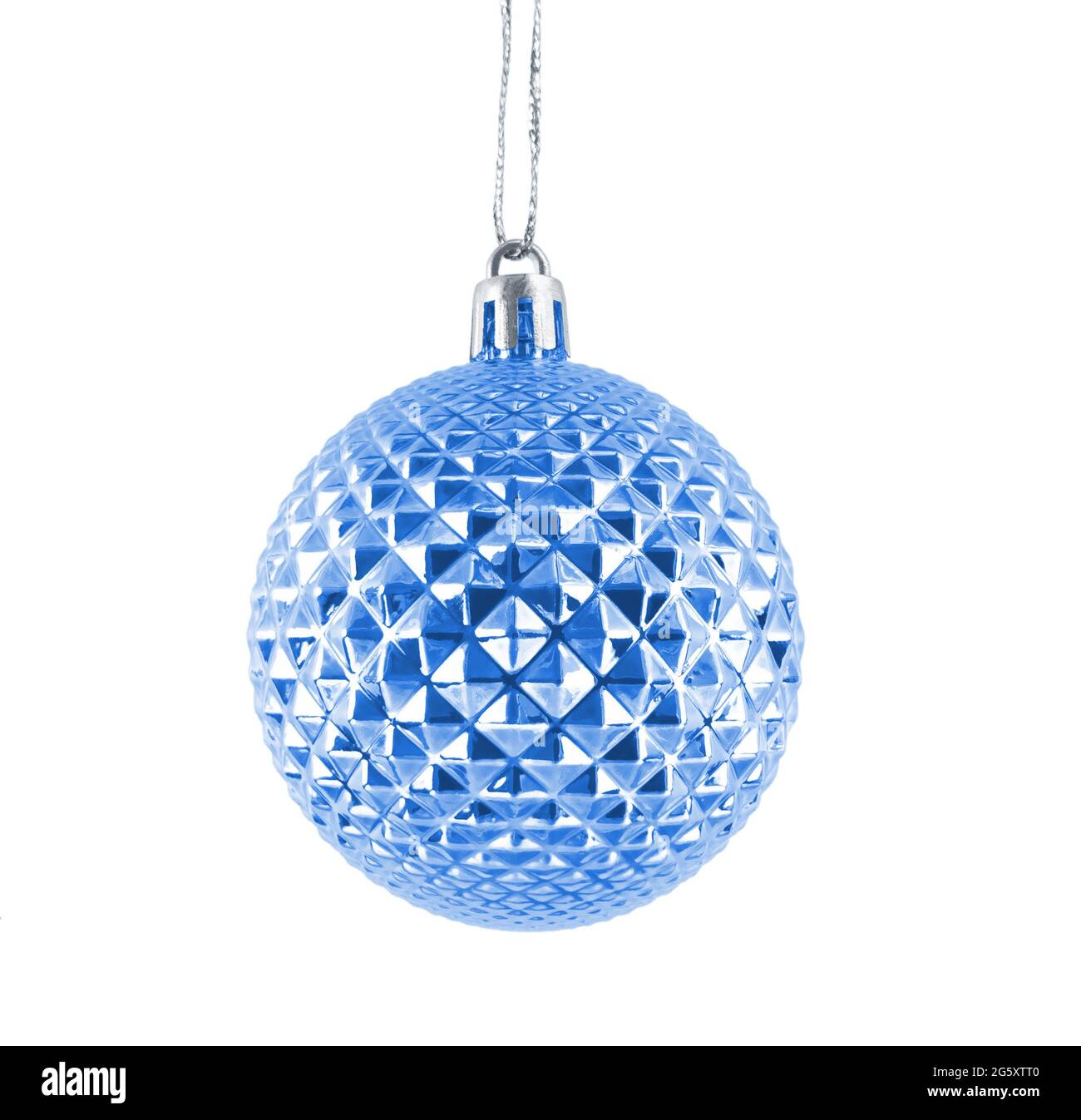 Hanging navy blue shiny Christmas bauble isolated on white background. Stock Photo