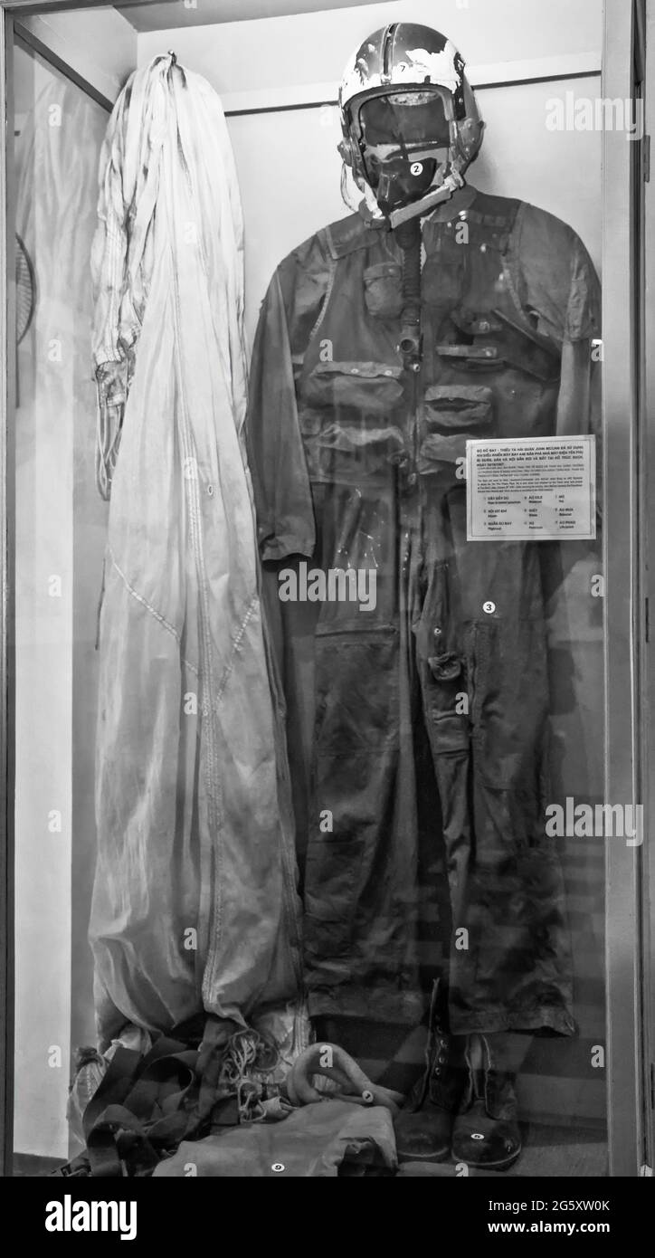 John McCain's uniform at Lo Prison (the Hanoi Hilton) in Saigon from his captured, on display Stock Photo