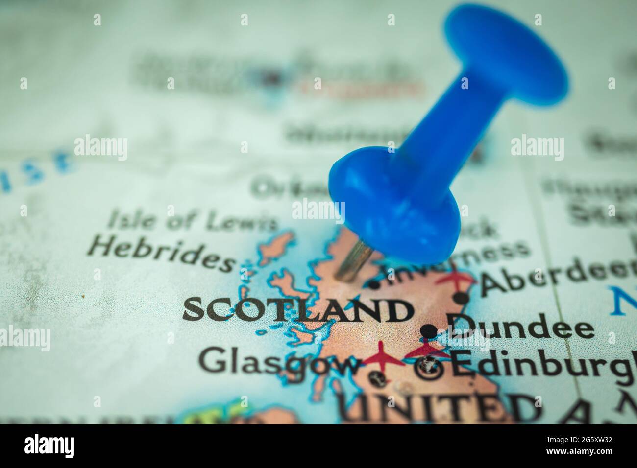 Location Scotland, push pin on map closeup, marker of destination for travel, tourism and trip concept, Europe Stock Photo