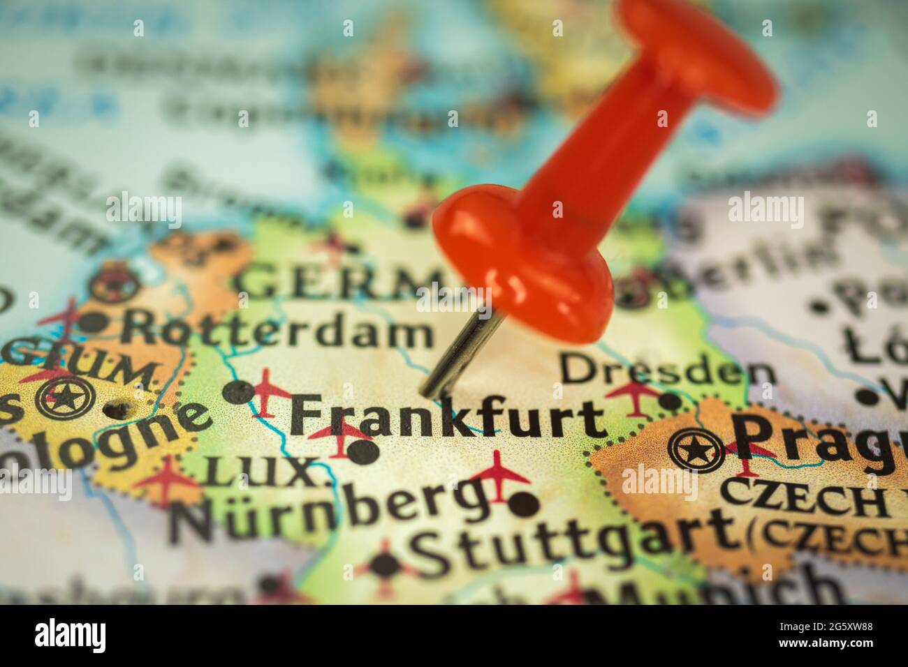Location Franfurt in Germany, push pin on map closeup, marker of ...