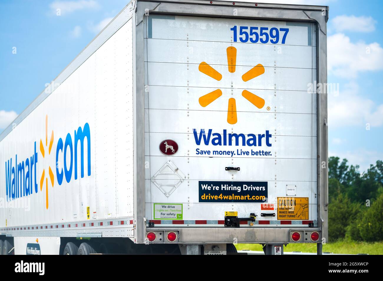 Lexington, USA - May 27, 2021: Highway road in Virginia with truck vehicle for Walmart and sign for hiring drivers application on online website Stock Photo