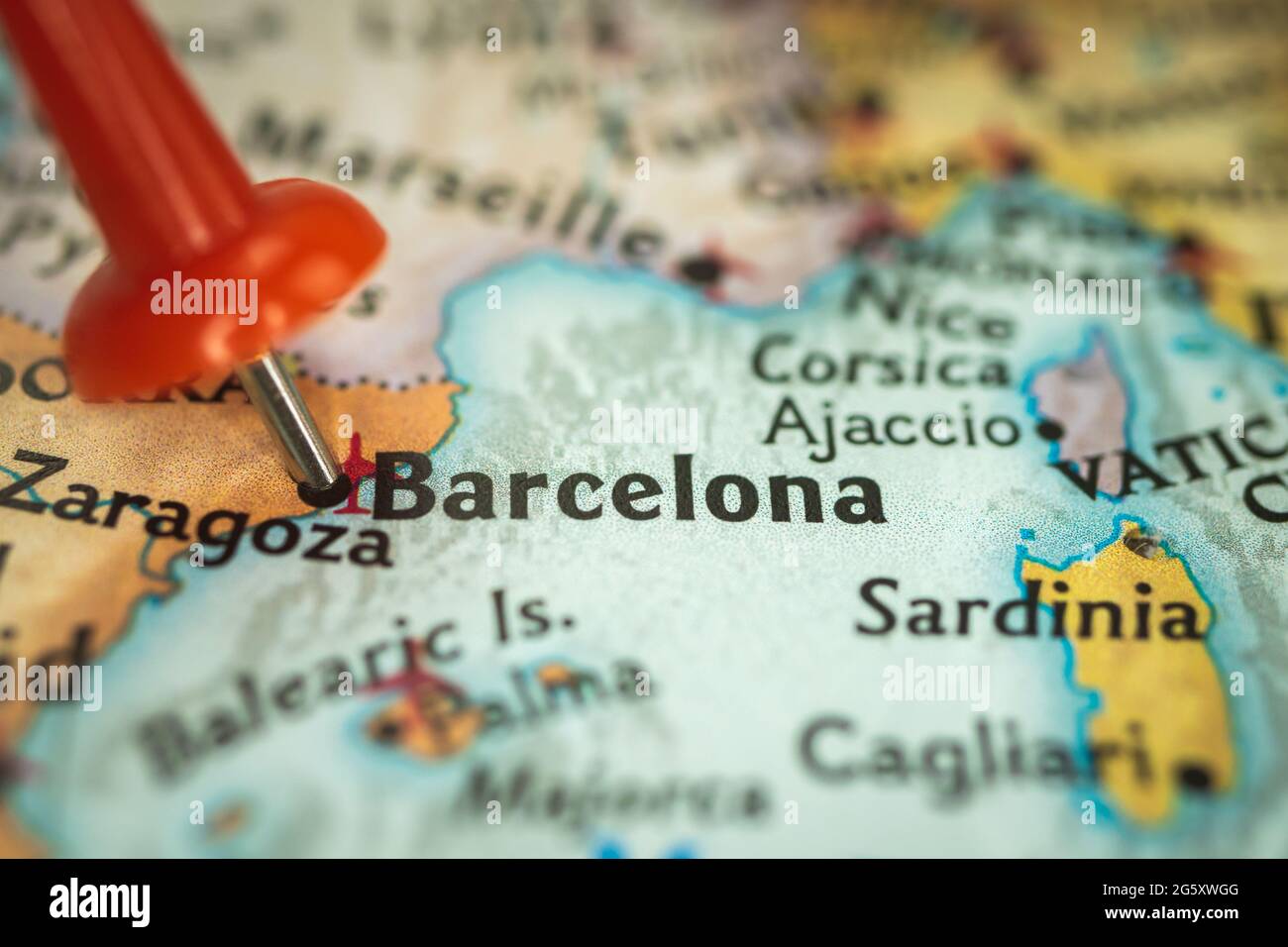 Location Barselona in Spain, push pin on map closeup, marker of destination for travel, tourism and trip concept, Europe Stock Photo