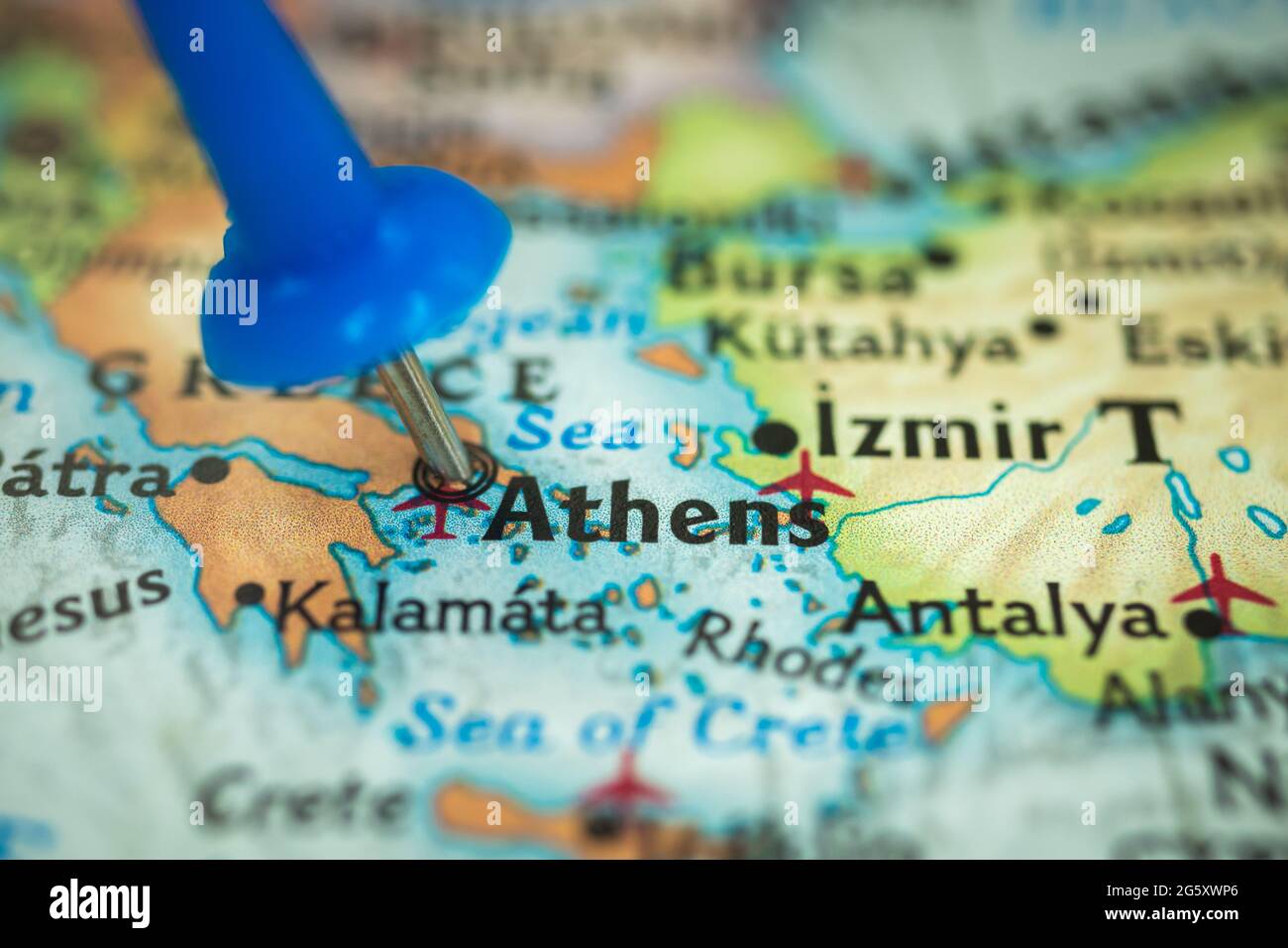 Location Athens in Greece, push pin on map closeup, marker of