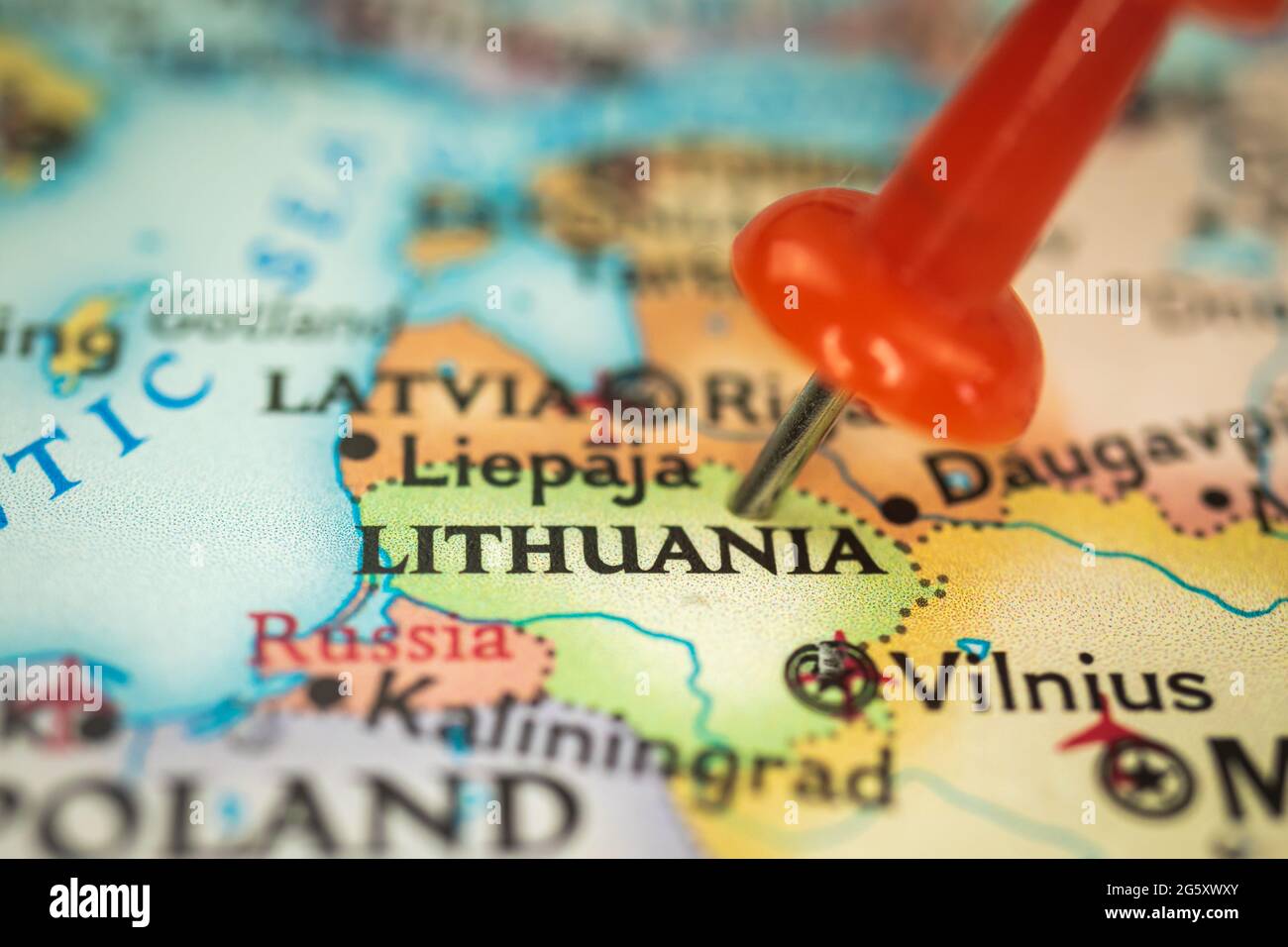 Location Lithuania, push pin on map closeup, marker of destination for ...