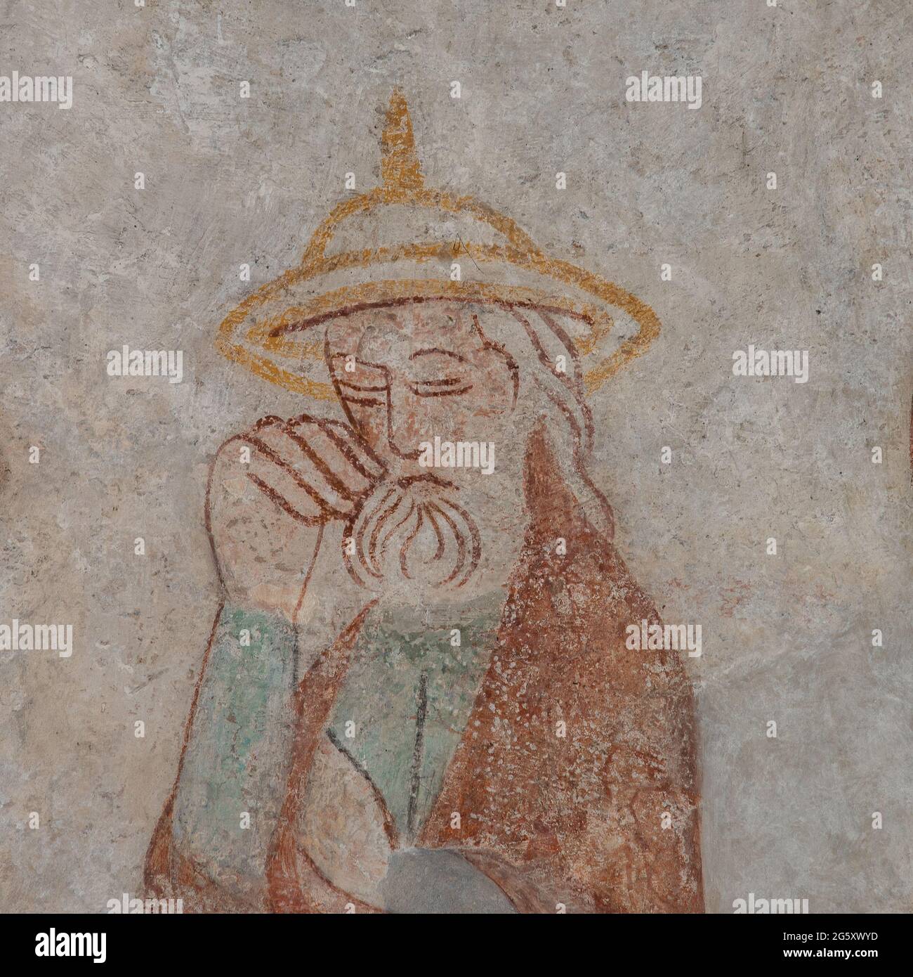portrait of Saint Joseph, the husband of Mary, in a jewish hat, an ancient mural in Skibby church in Denmark, June 28, 2021 Stock Photo